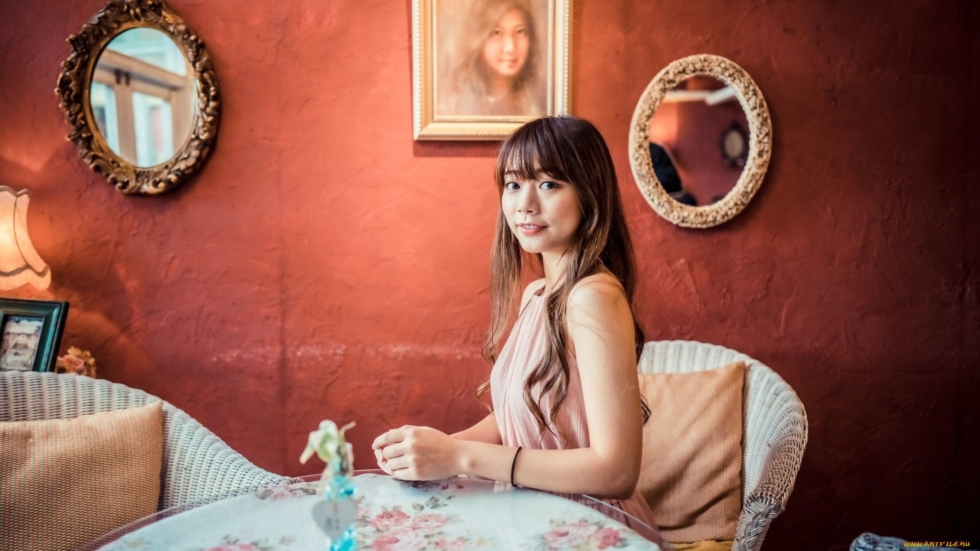 девушки, -, азиатки, зеркала, портрет, азиатка