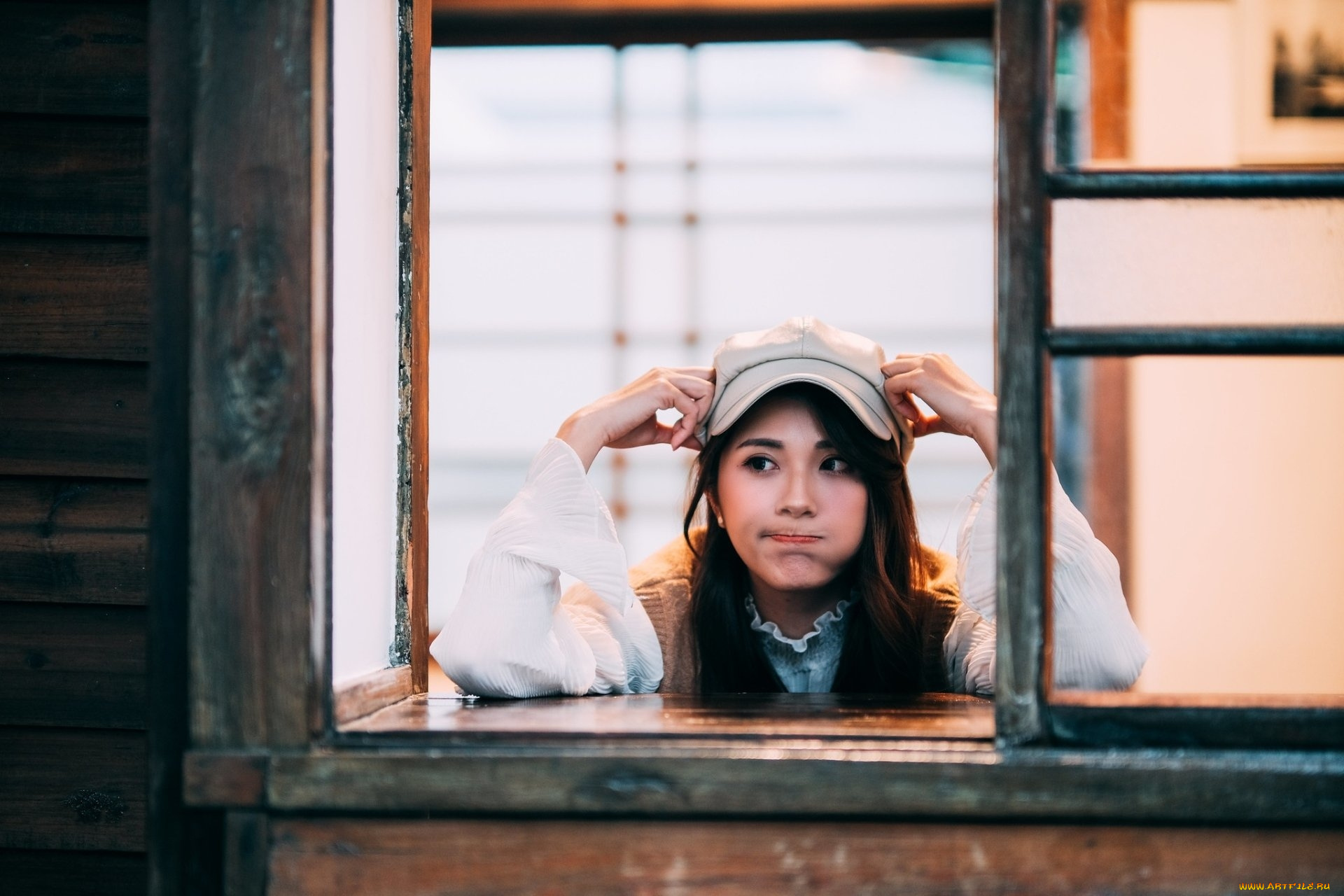 девушки, -, азиатки, азиатка, шапка, поза