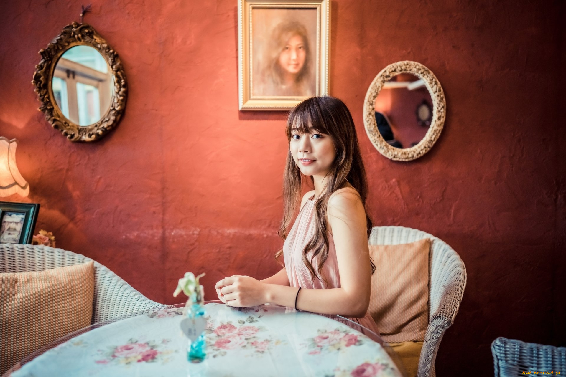 девушки, -, азиатки, зеркала, портрет, азиатка