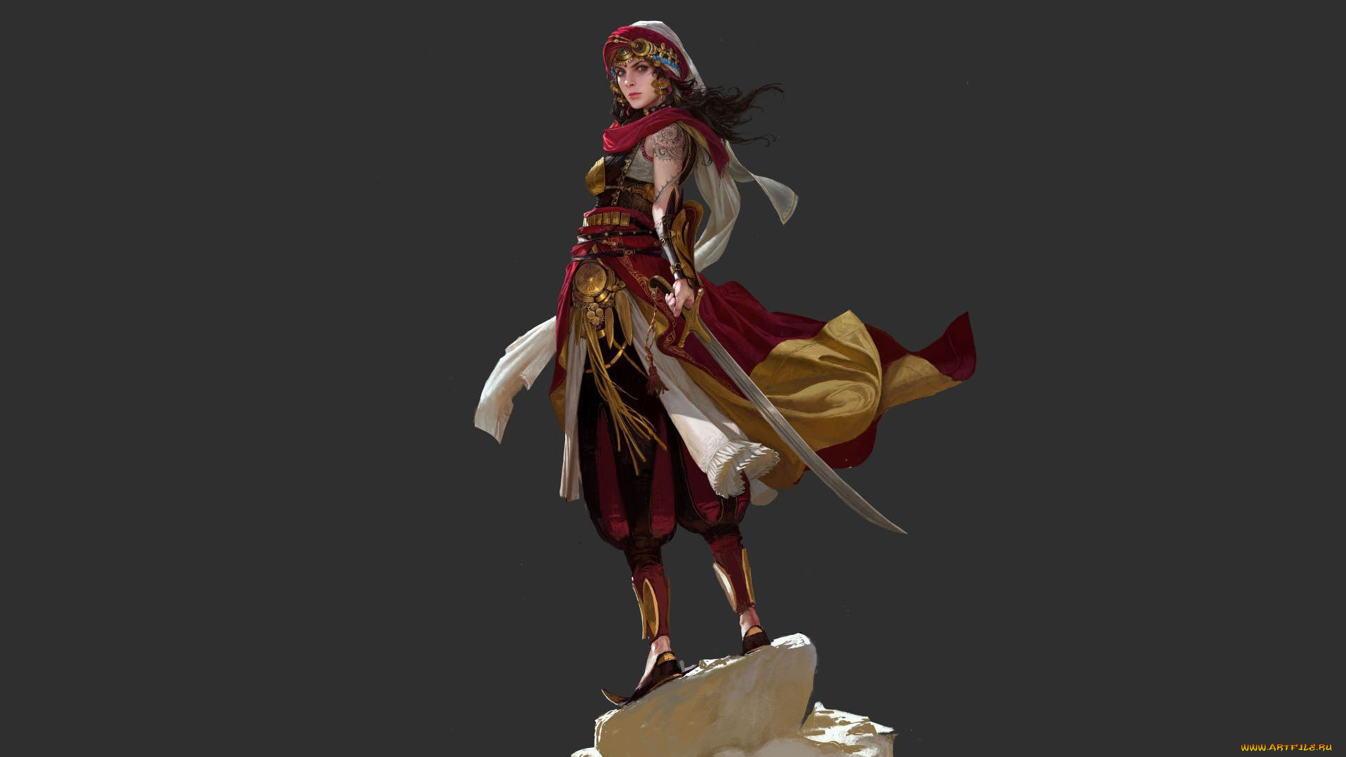 фэнтези, девушки, девушка, бурнус, сабля, скала