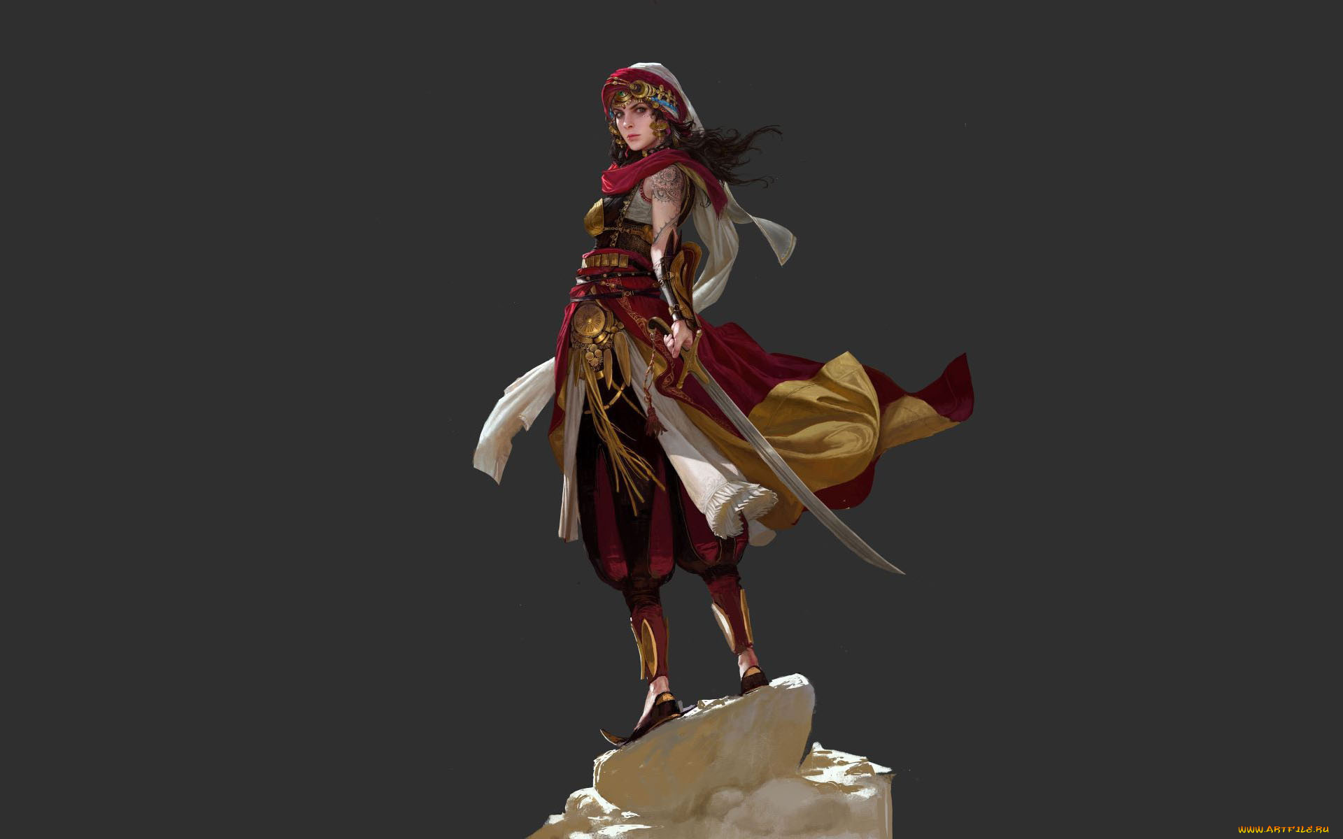 фэнтези, девушки, девушка, бурнус, сабля, скала