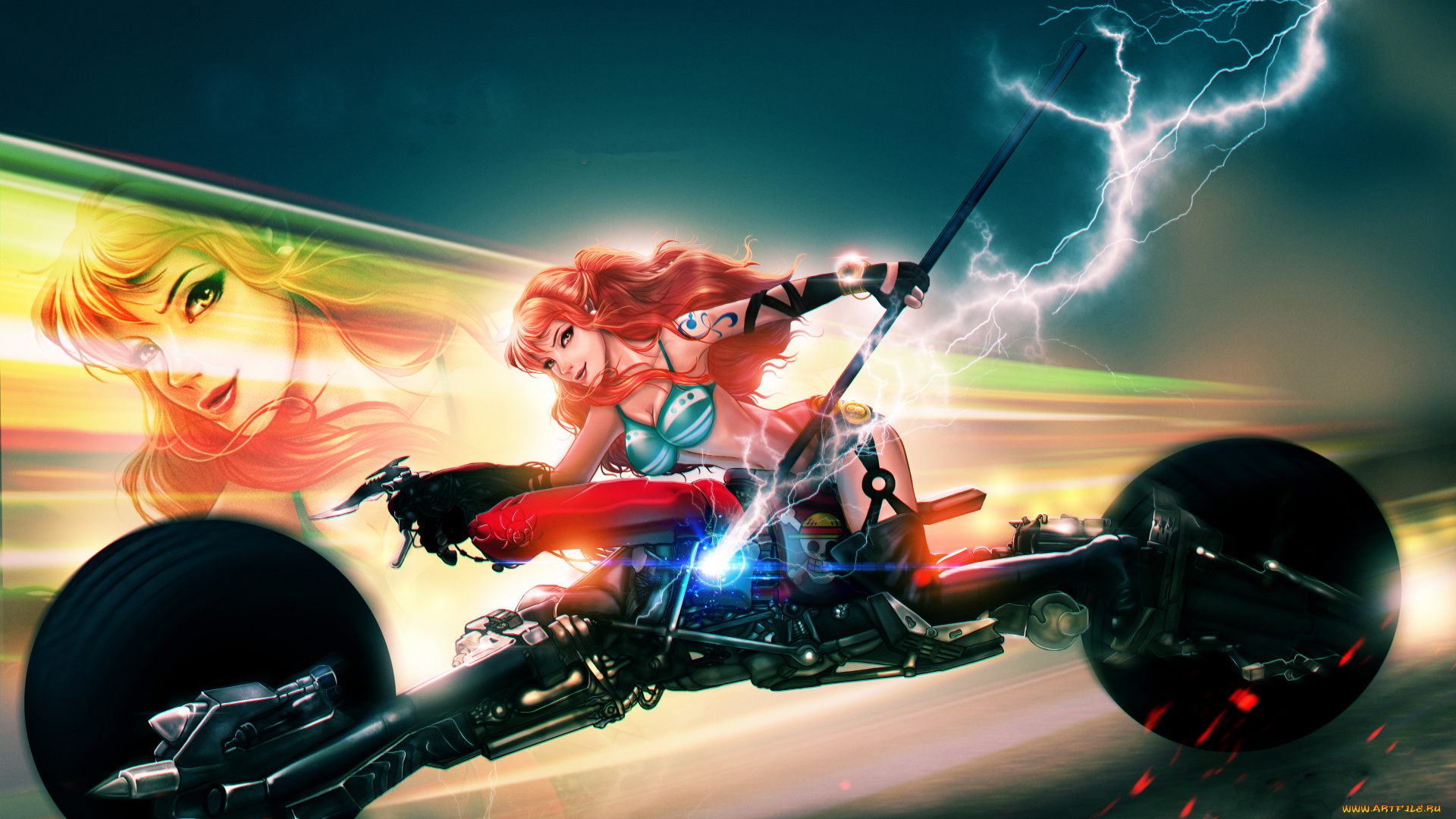 фэнтези, девушки, девушка, фон, взгляд, мотоцикл, молния