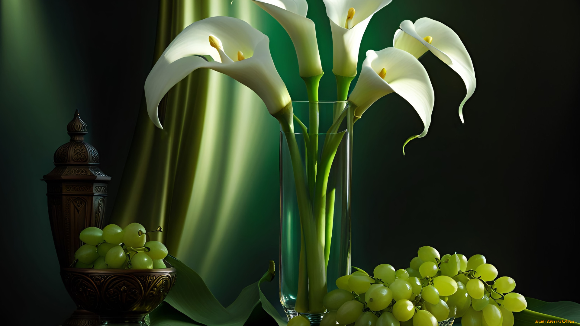 еда, виноград, зеленый, белые, каллы, букет