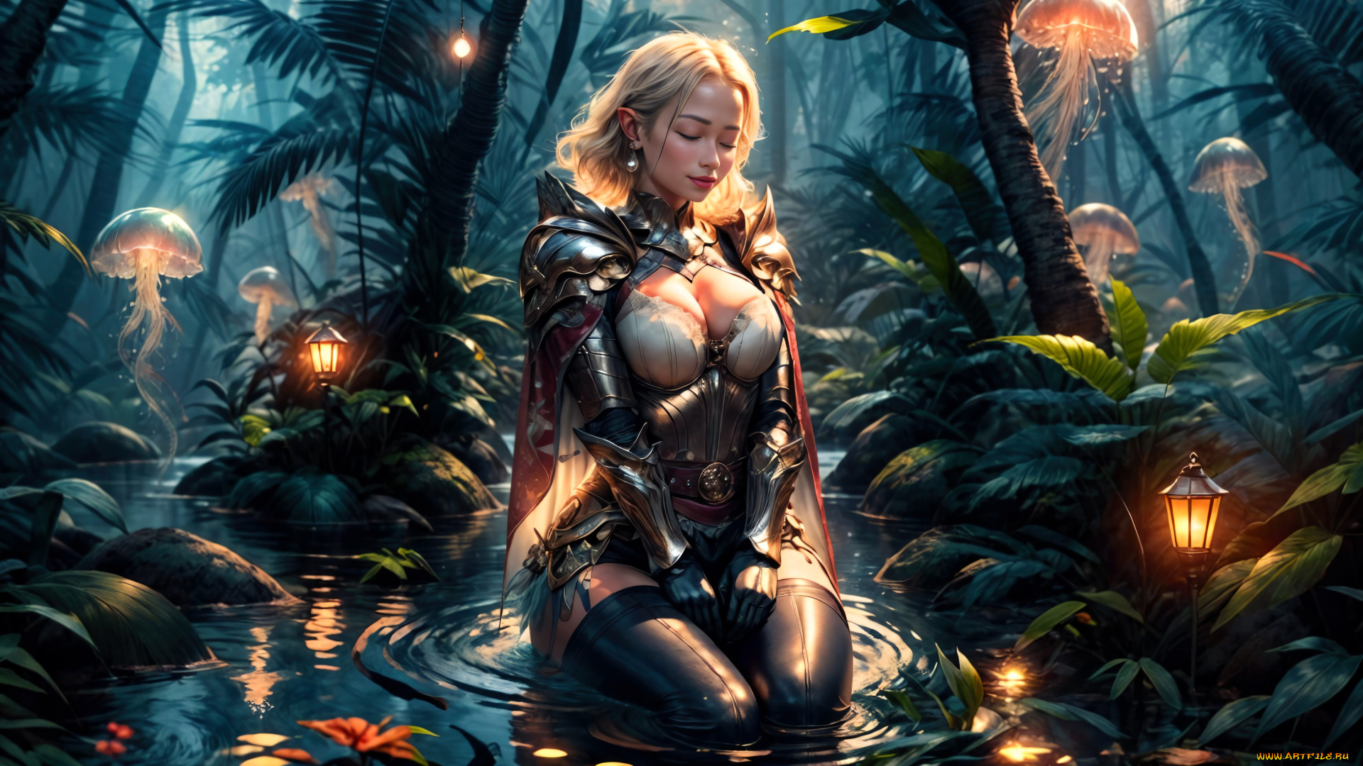 фэнтези, эльфы, эльфийка, озеро, лес, медузы, фонари