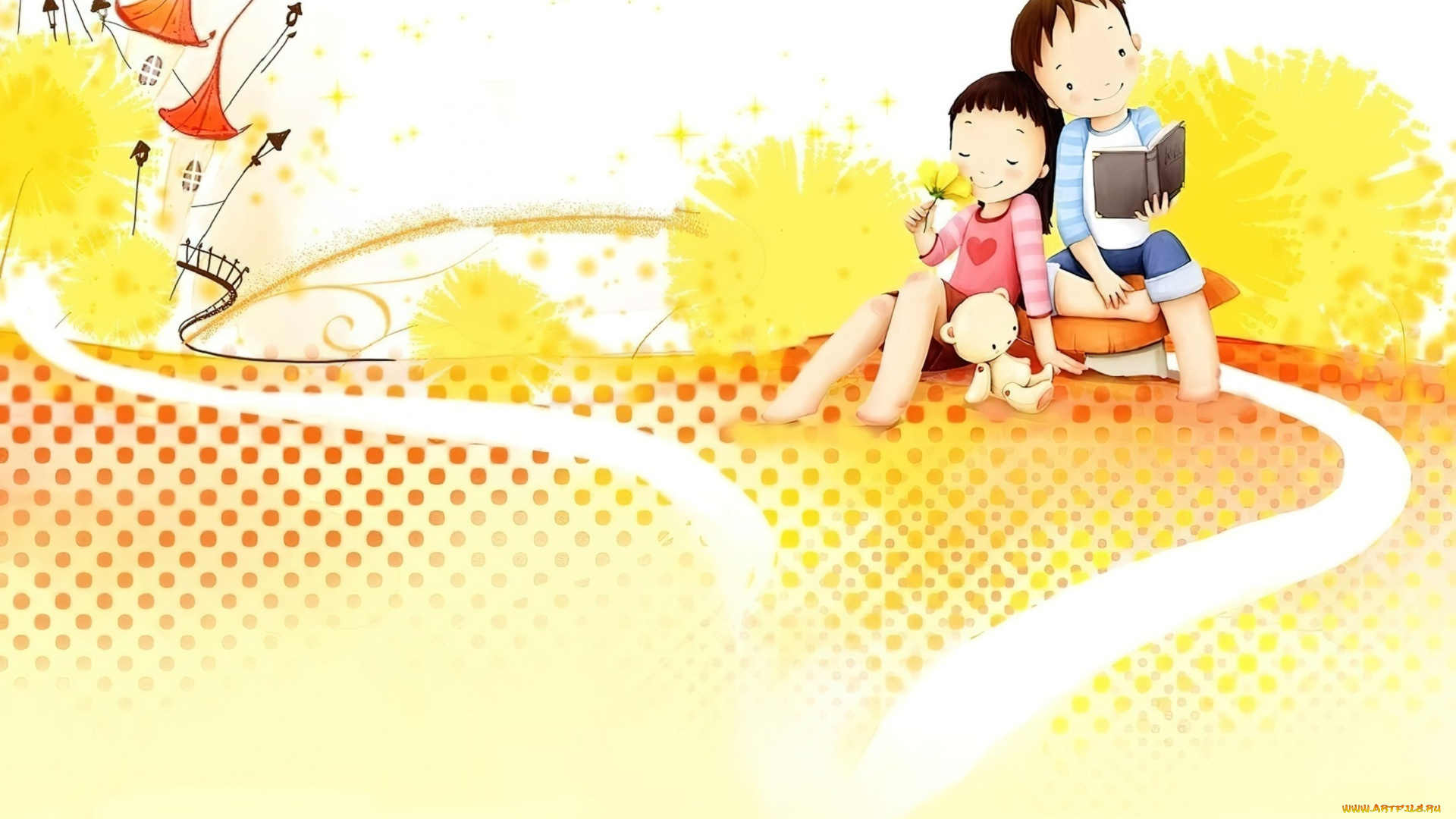 рисованное, дети, мальчик, девочка, книга, мишка, дом, цветы