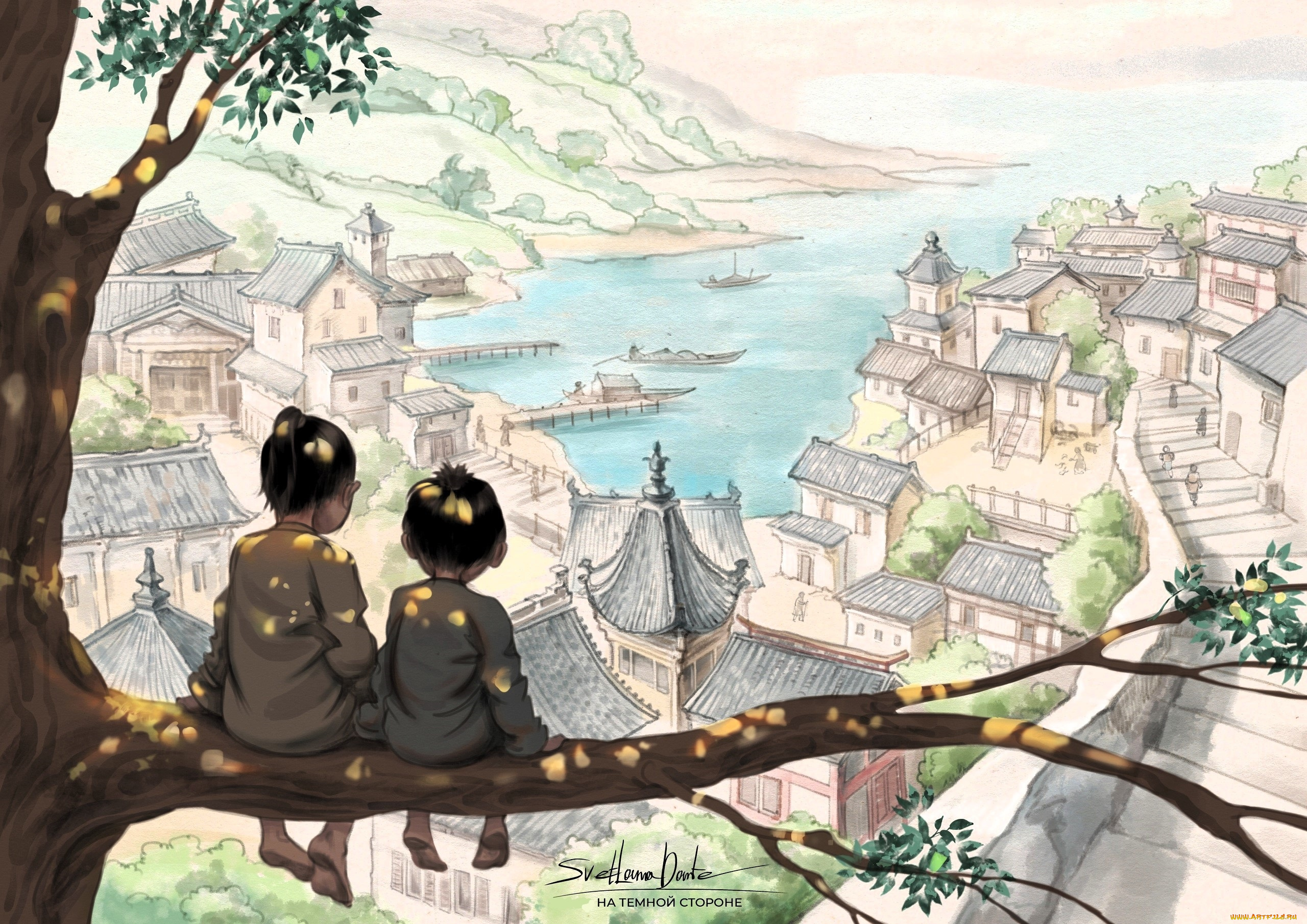 рисованное, кино, , мультфильмы, дети, дерево, город