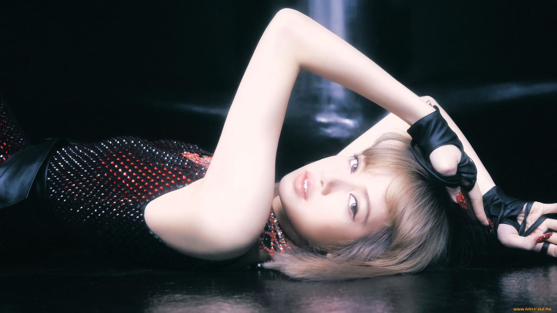 девушки, -, азиатки, блондинка, платье, перчатки, пол