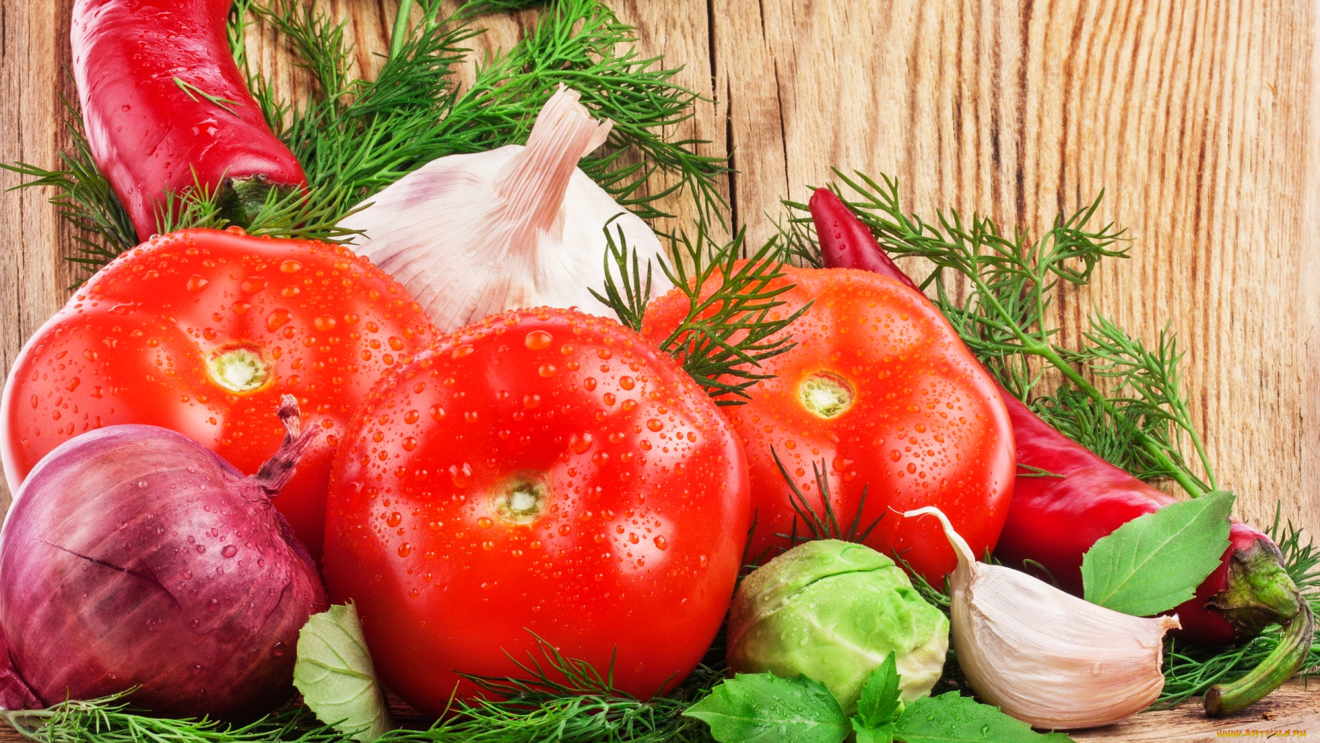 еда, овощи, укроп, помидоры, лук, чеснок, перец