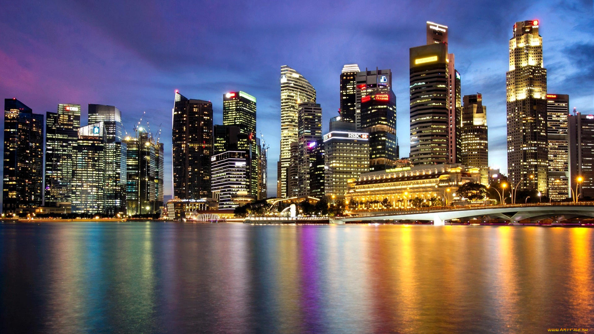 города, сингапур, , сингапур, здания, дома, огни, море