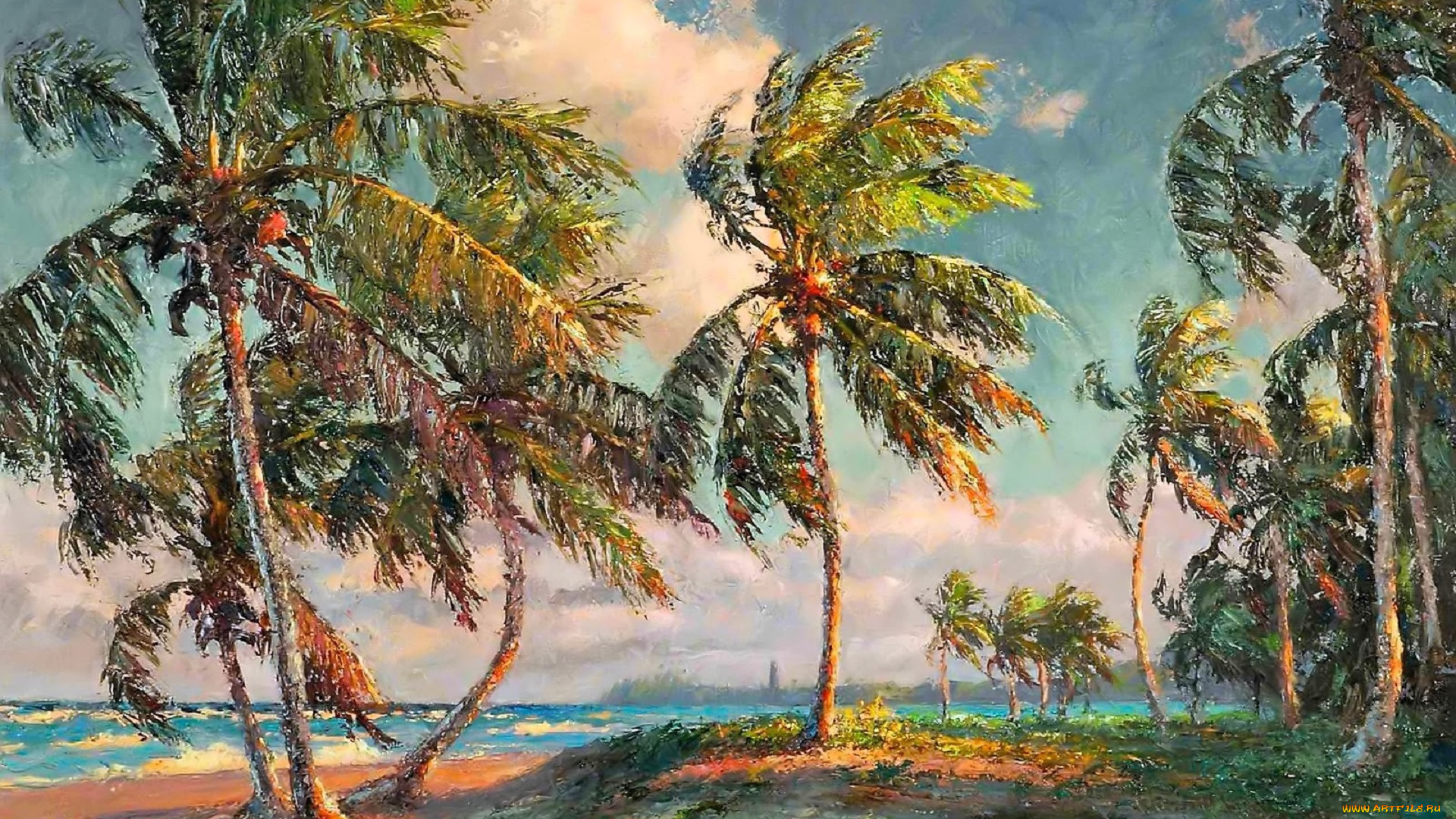 рисованное, albert, ernest, backus, пальмы, берег, море