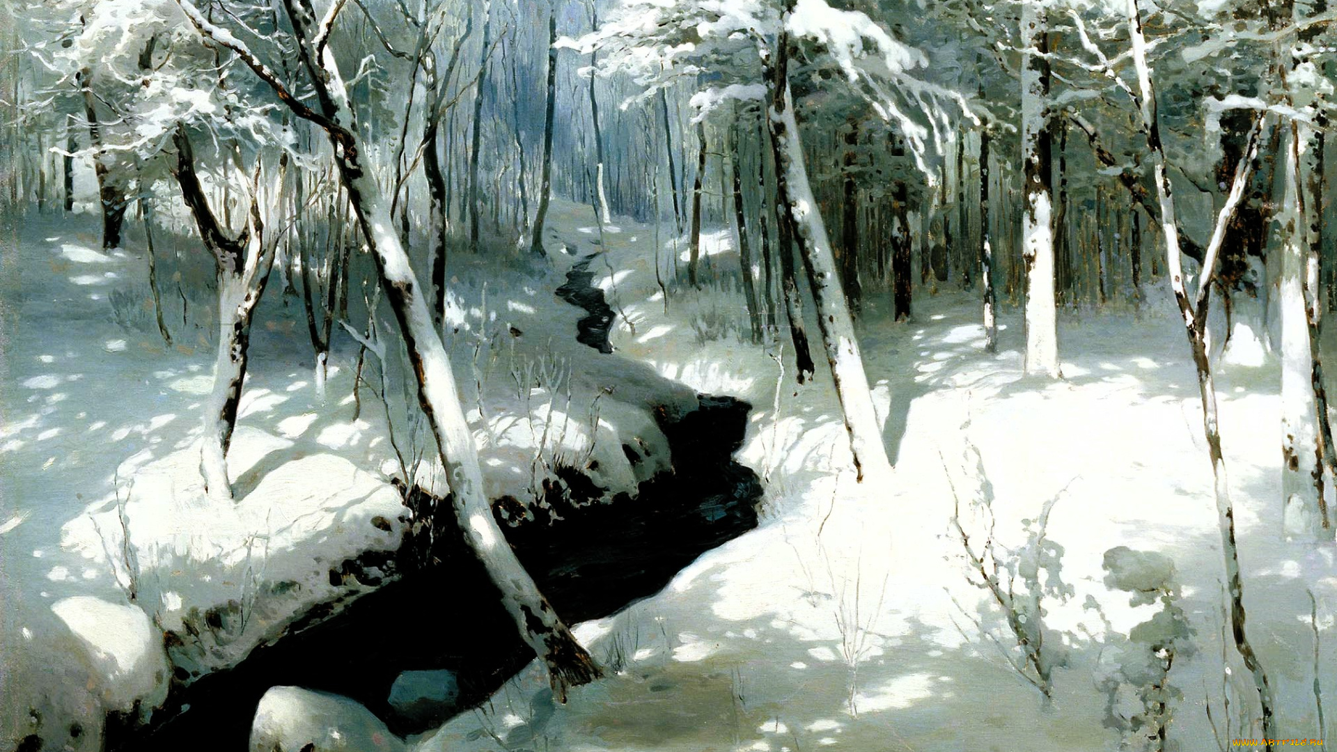 шильдер, андрей, -, ручей, в, лесу, рисованное, андрей, шильдер, снег, лес, зима, ручей