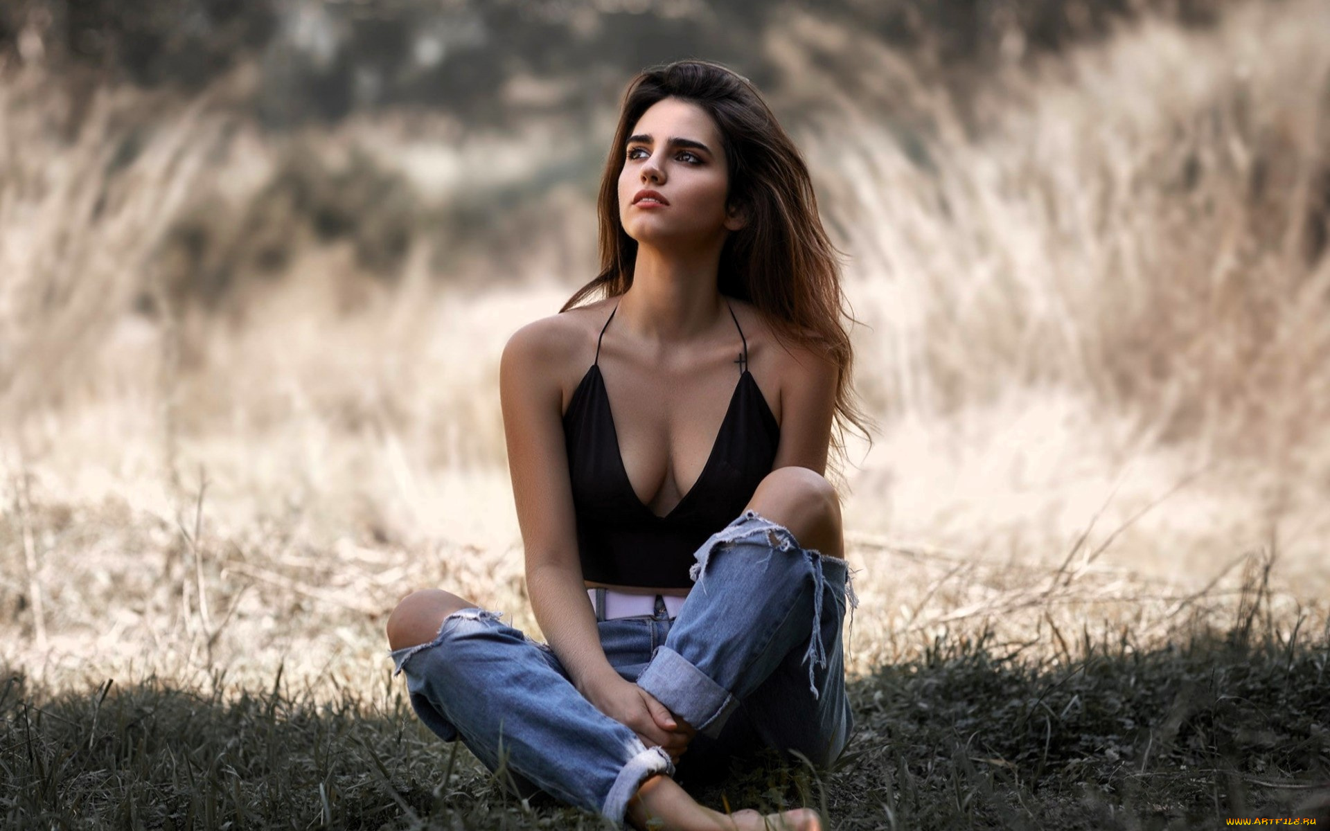 девушки, -, брюнетки, , шатенки, шатенка, топ, джинсы, дырки, трава