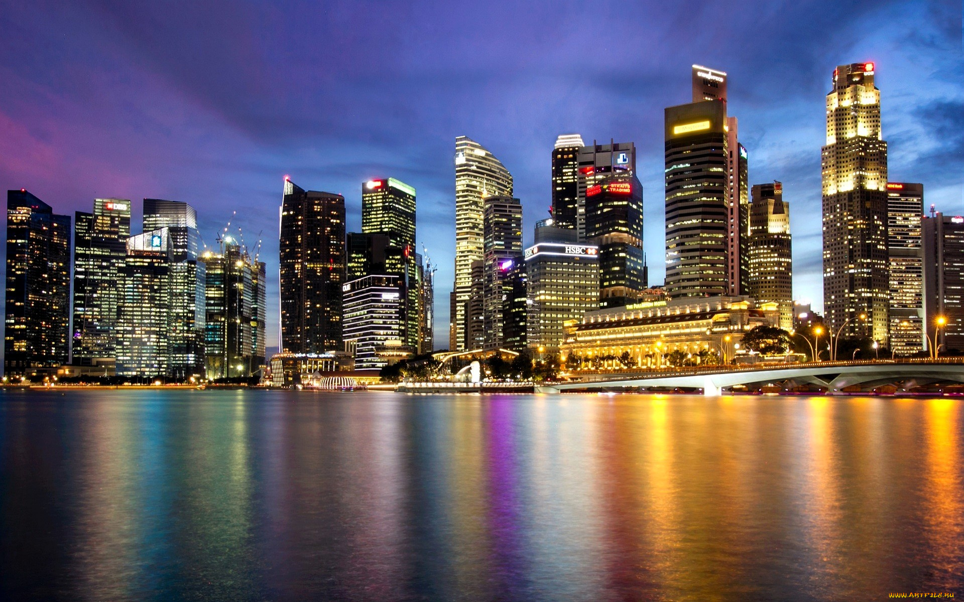 города, сингапур, , сингапур, здания, дома, огни, море