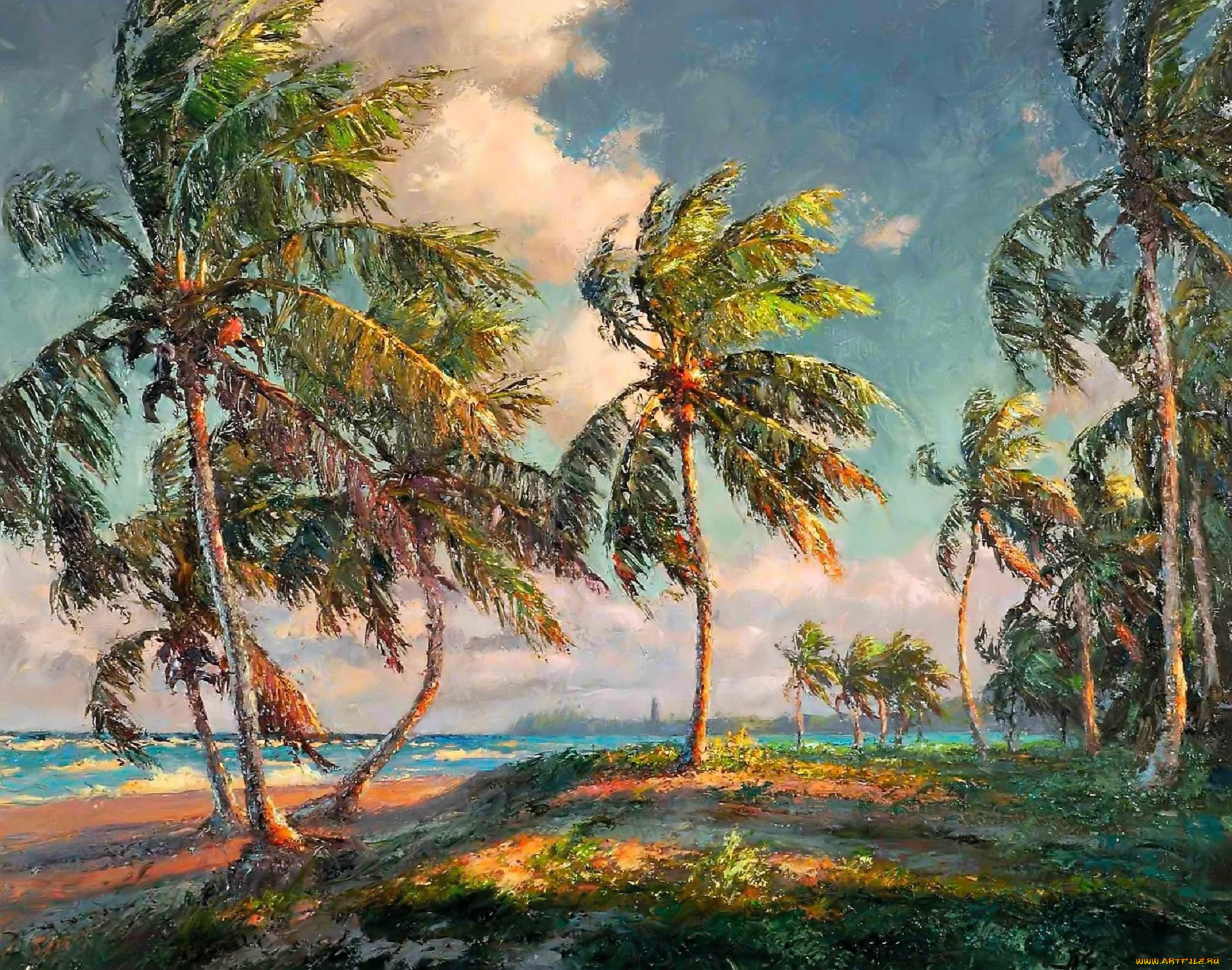 рисованное, albert, ernest, backus, пальмы, берег, море