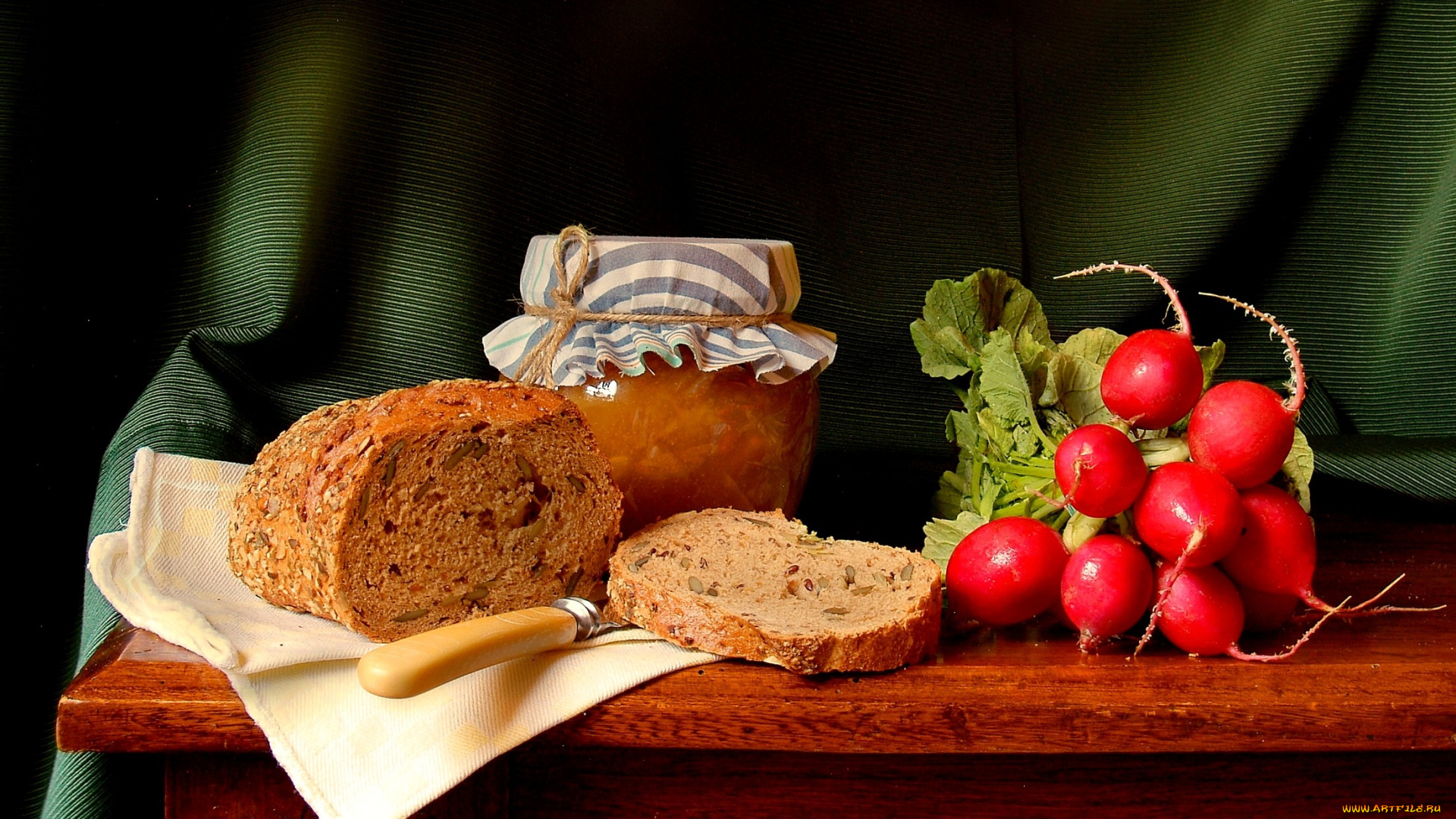 еда, натюрморт, банка, нож, хлеб, редис