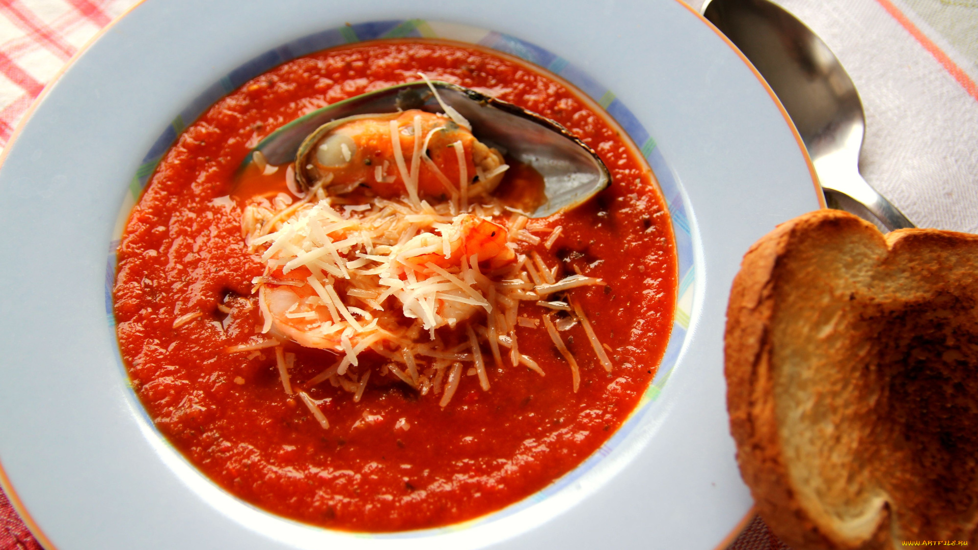 еда, первые, блюда, суп, сыр, мидия, гренка