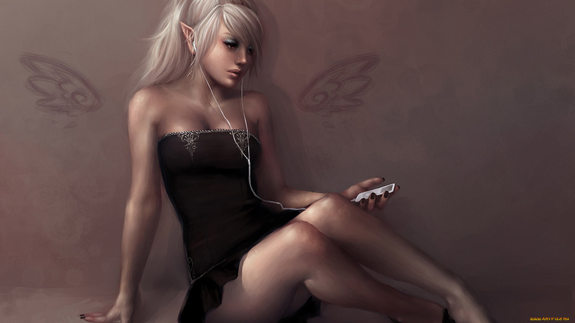 фэнтези, эльфы, телефон, наушники, девушка, эльфийка, мобильник