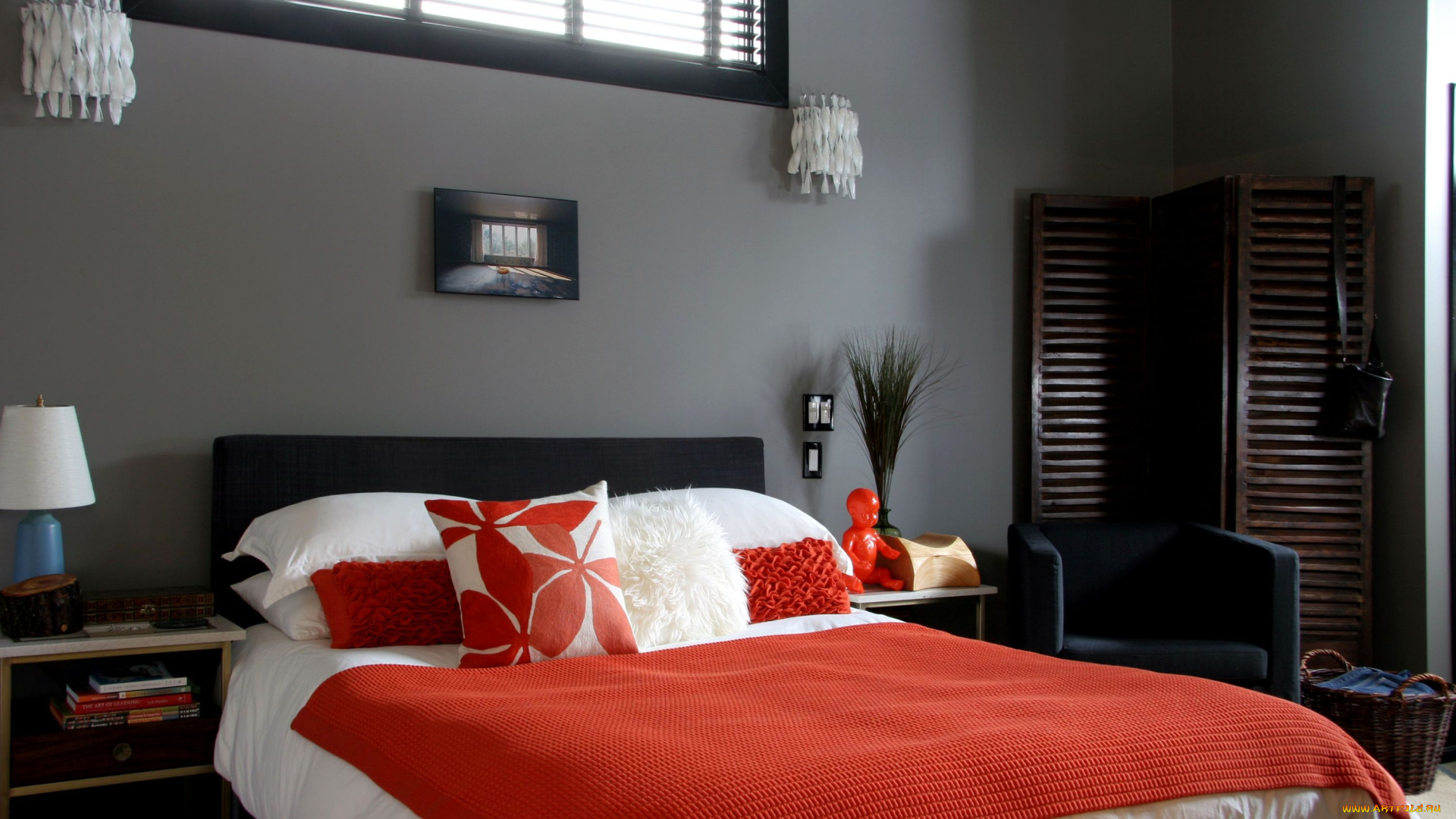 интерьер, спальня, кукла, покрывало, подушки, кровать