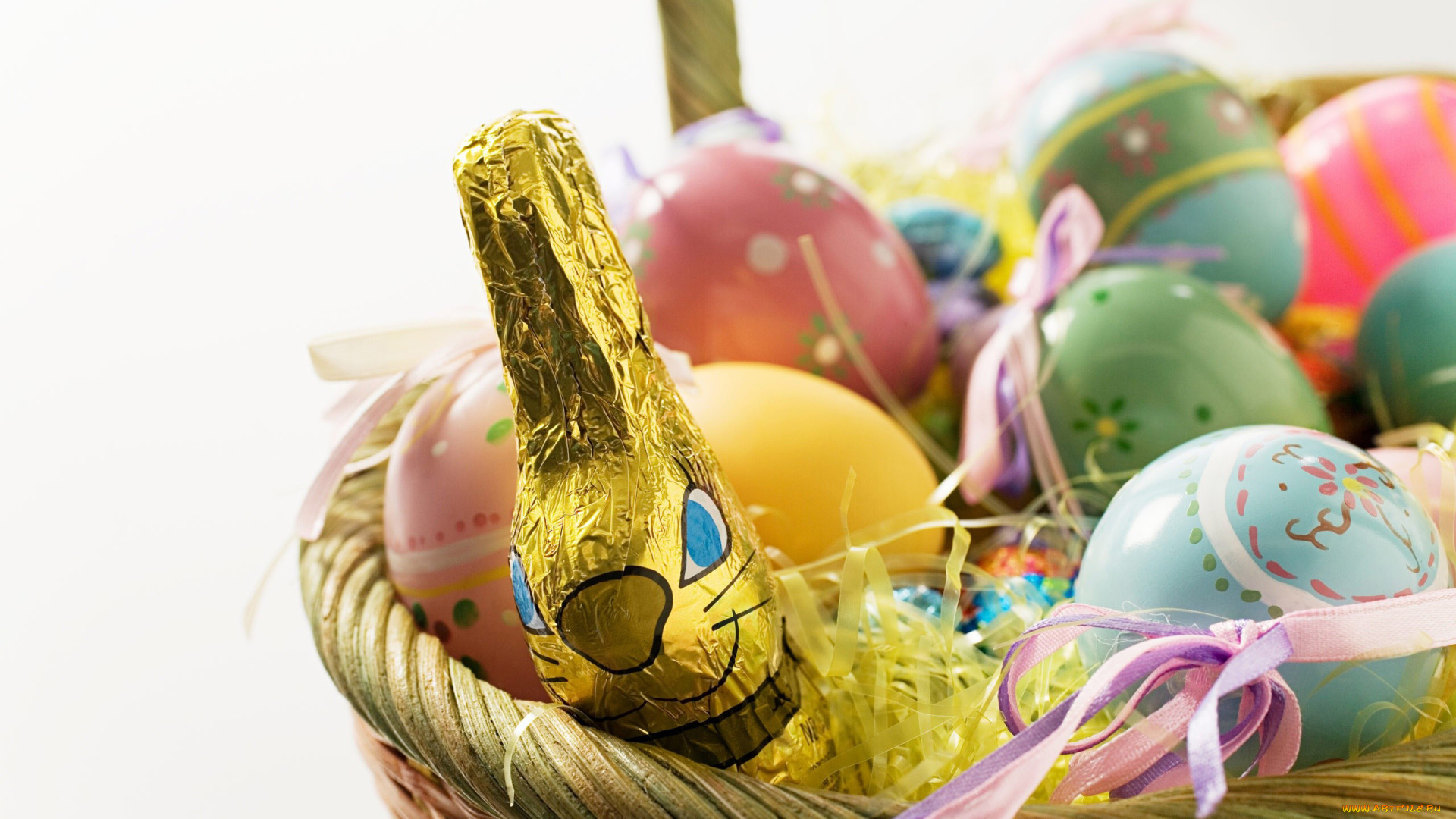праздничные, пасха, корзинка, ленты, яйца, шоколадный, заяц