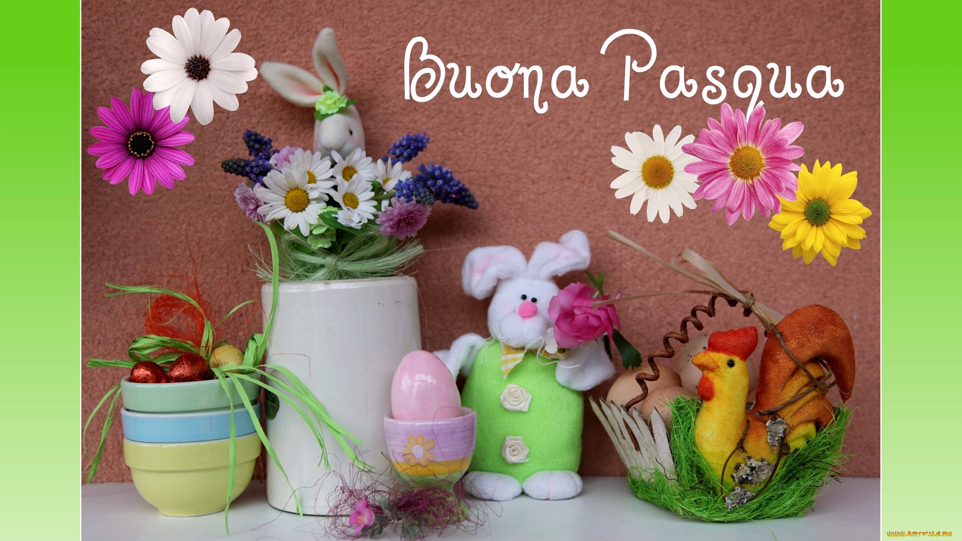 праздничные, пасха, кролики, яйца, цветы