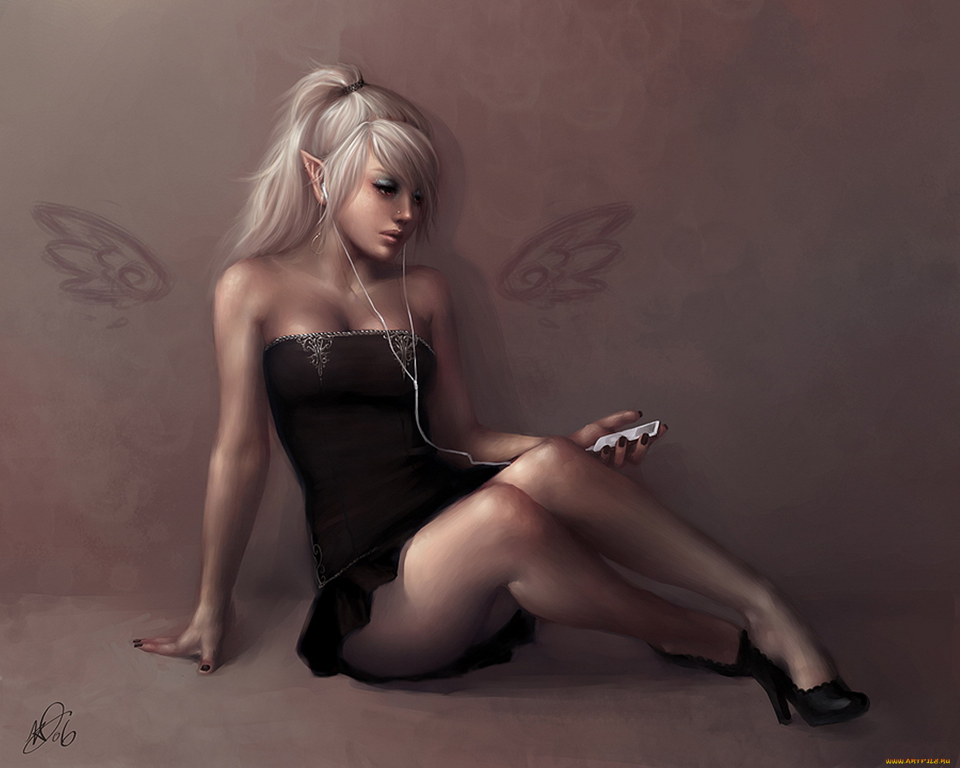 фэнтези, эльфы, телефон, наушники, девушка, эльфийка, мобильник