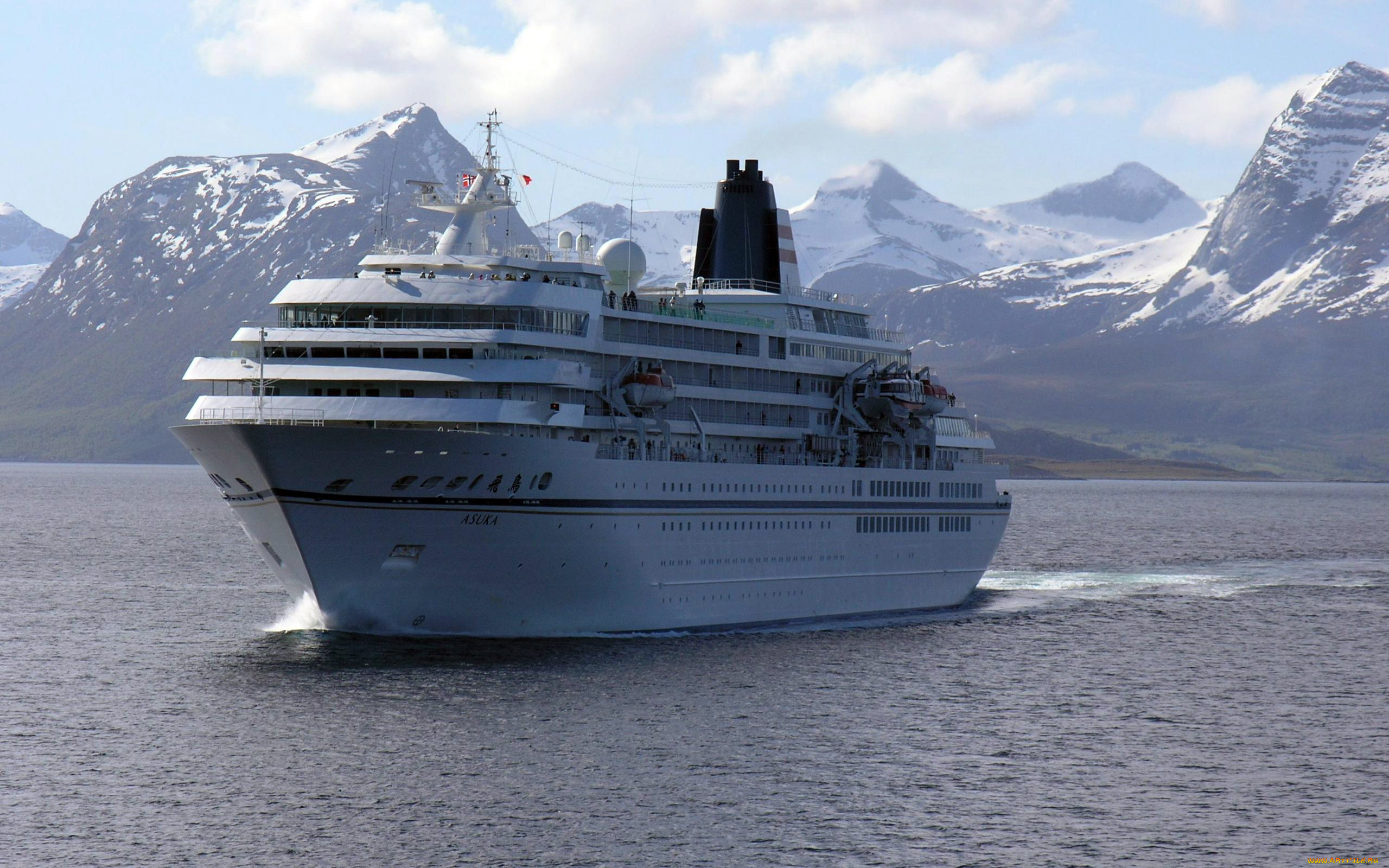 корабли, лайнеры, корабль, горы, зима