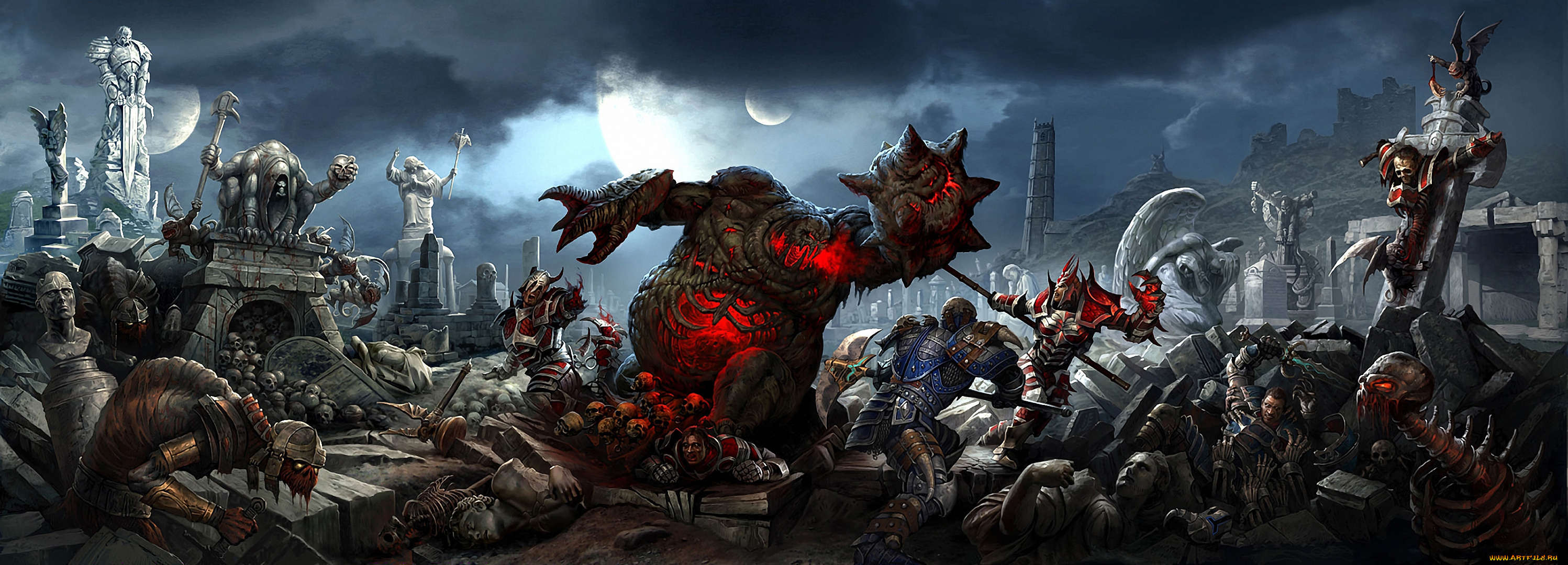 фэнтези, иные, миры, времена, скульптуры, люди, воины, нежить, черепа, сражение, битва