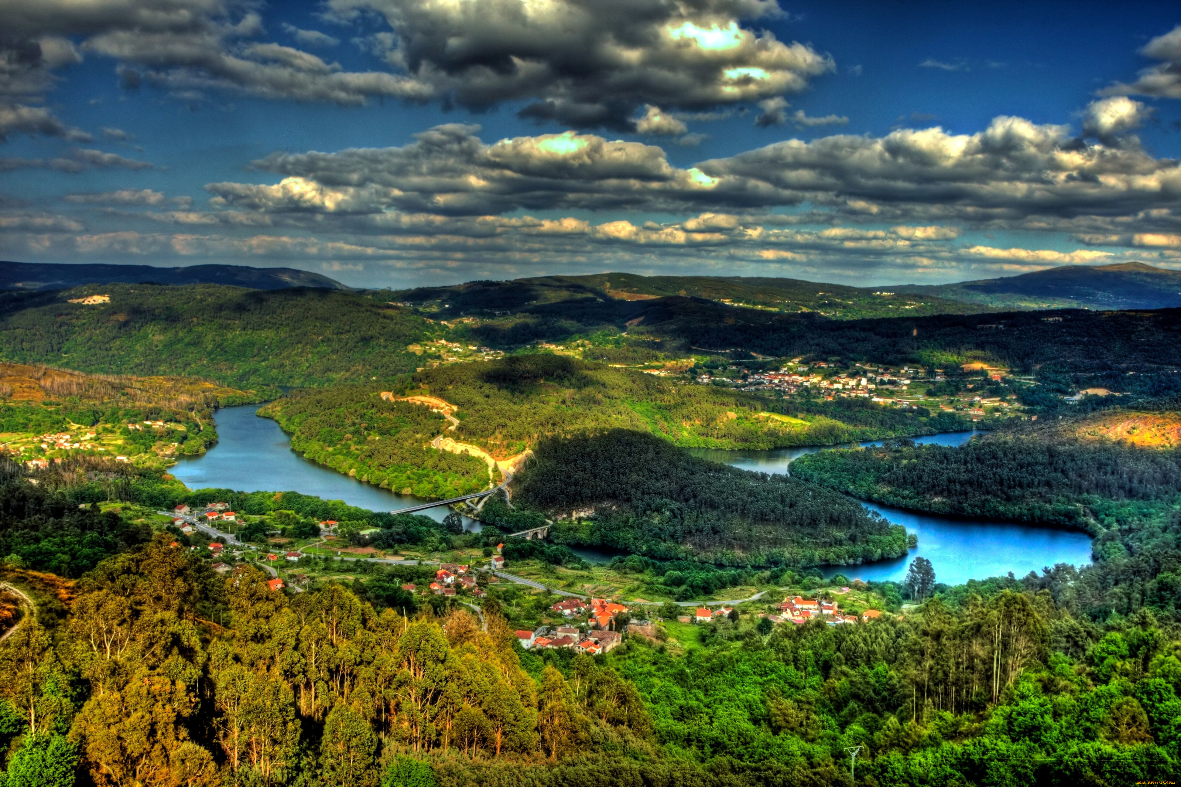 природа, пейзажи, деревня, река, леса, деревья, облака, мост