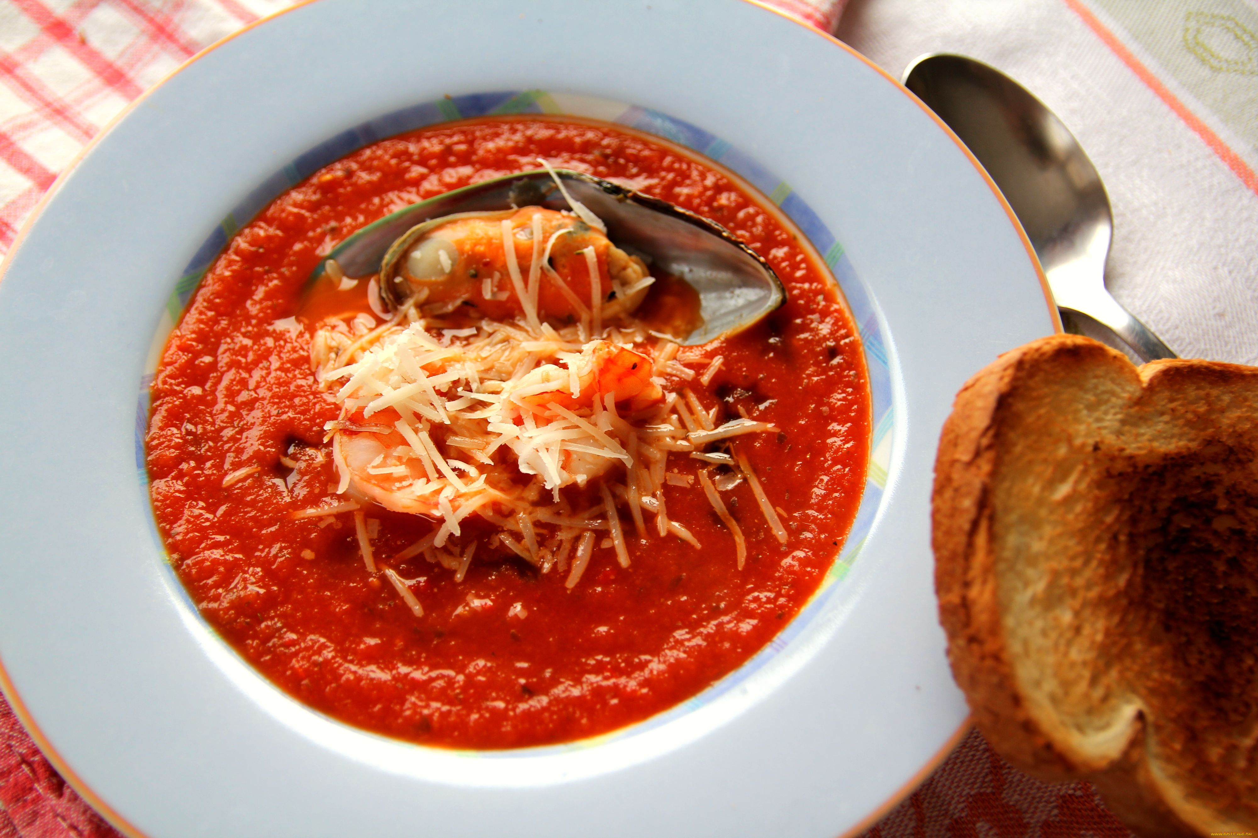 еда, первые, блюда, суп, сыр, мидия, гренка