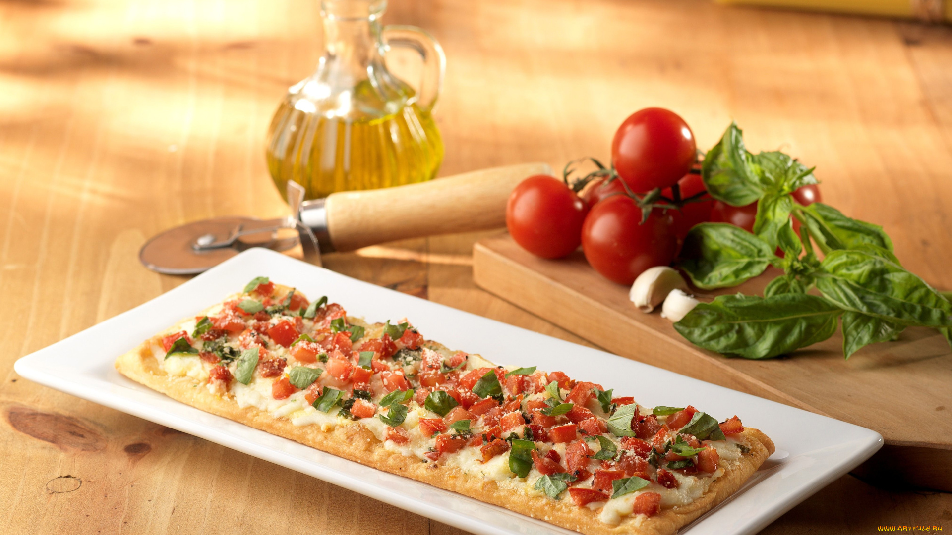 еда, пицца, помидоры, базилик
