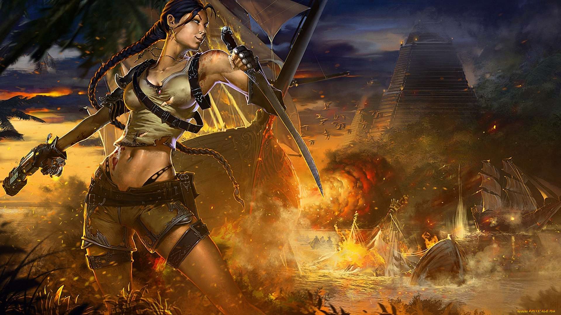 forsaken, world, видео, игры, девушка, сабля, пистолет, парусний, морской, бой, коса