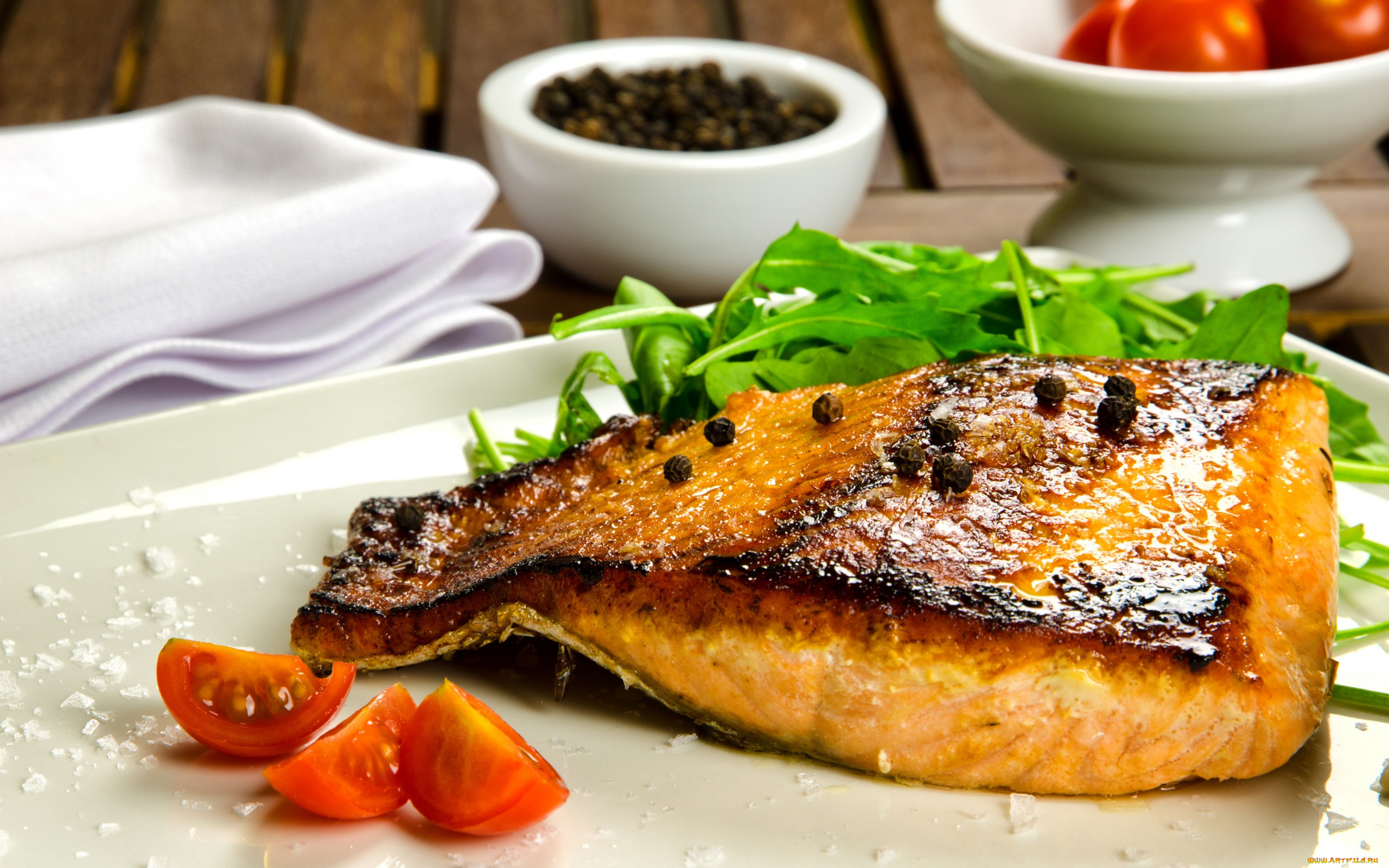 еда, рыбные, блюда, морепродуктами, зелень, помидоры, рыба