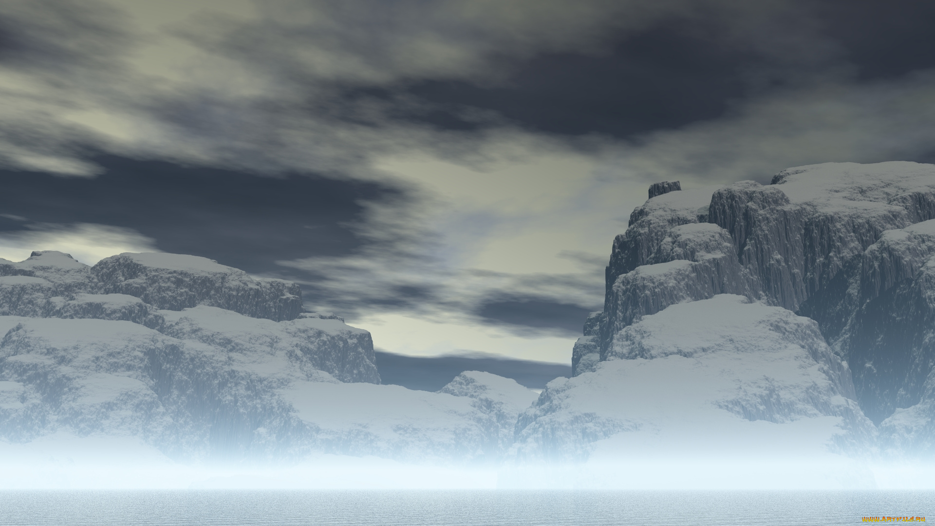 3д, графика, nature, landscape, , природа, снег, горы