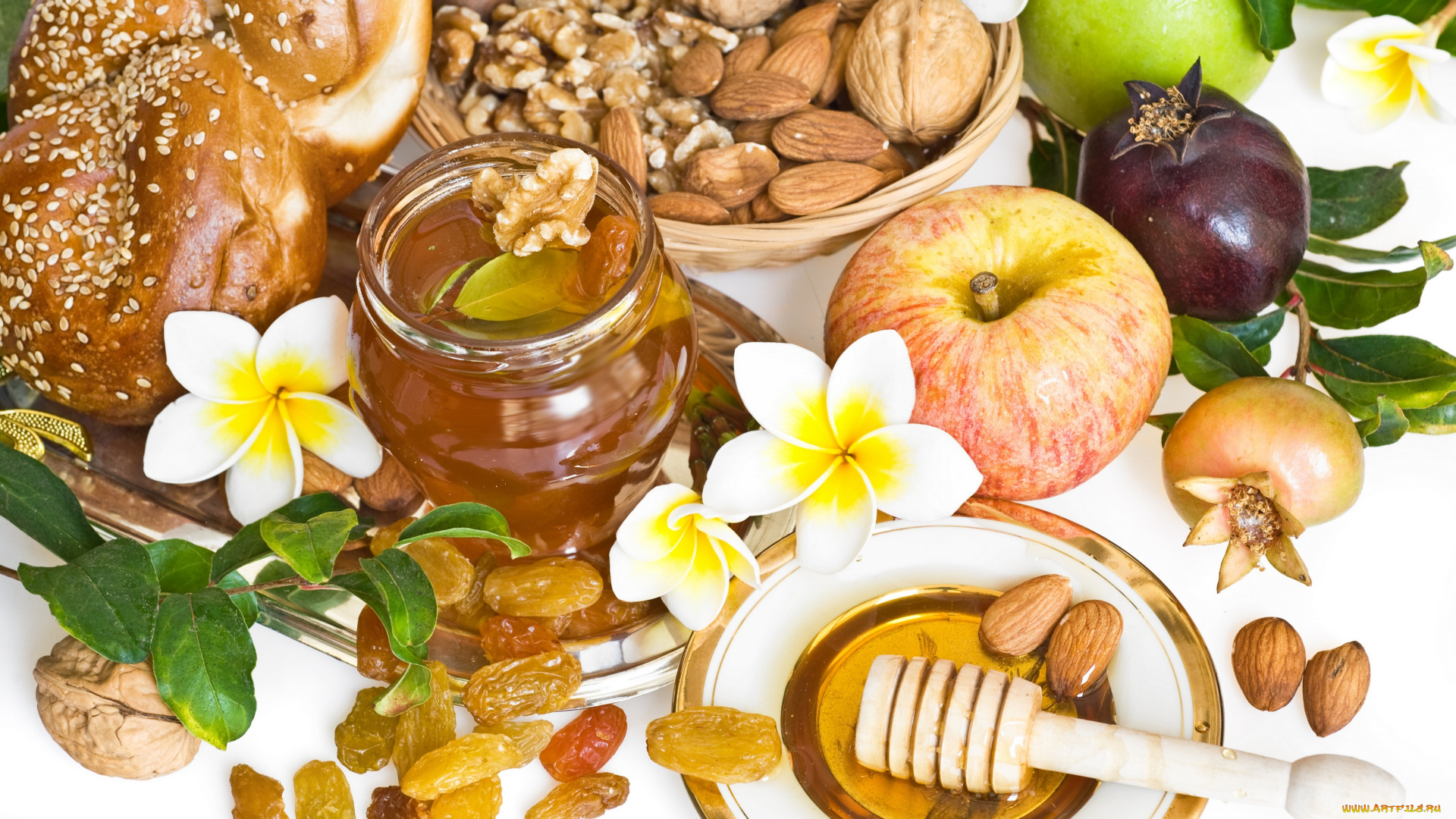 еда, разное, изюм, цветы, мёд, орехи, яблоки, плюмерия