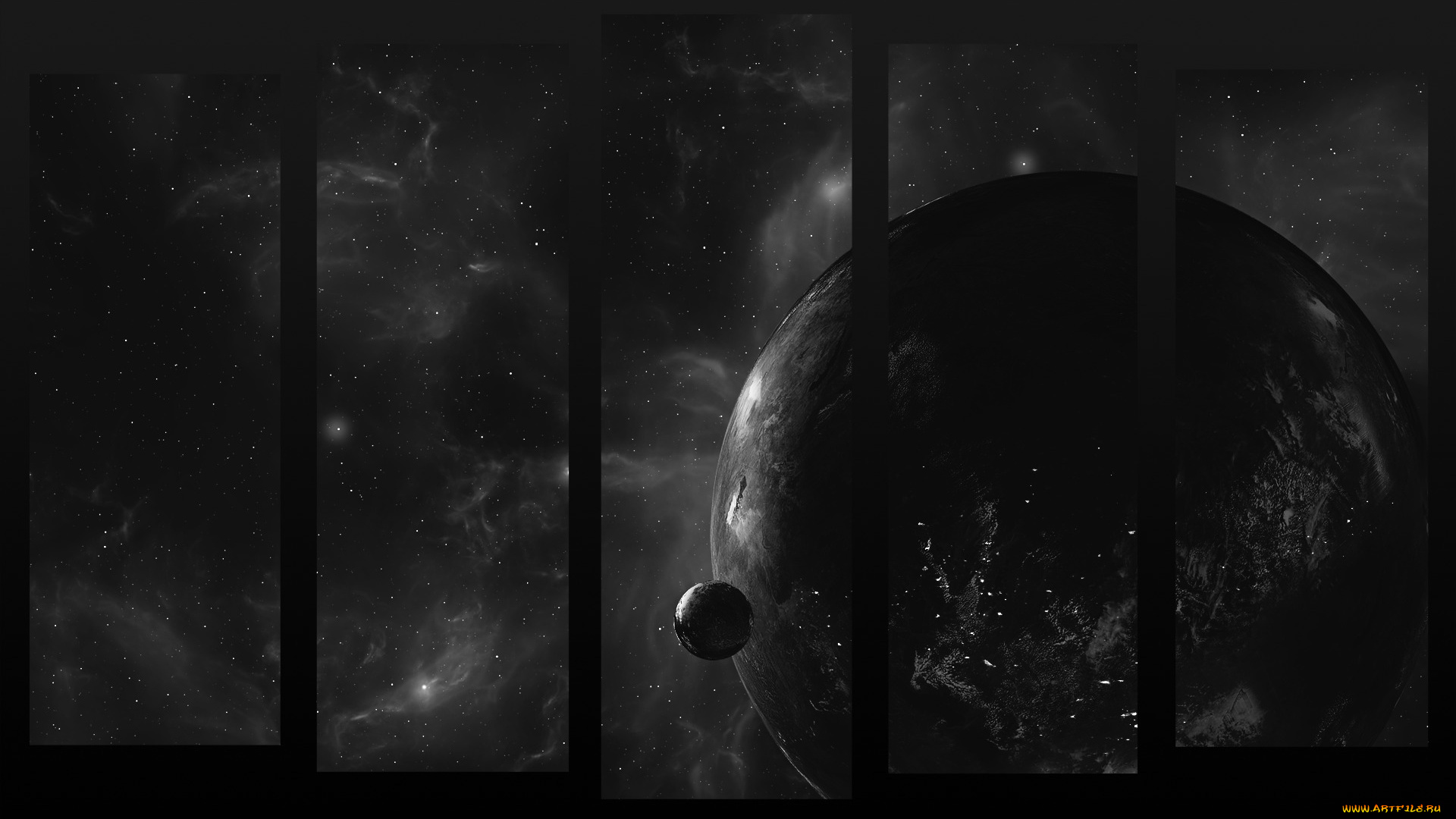 космос, арт, планеты, черно-белое