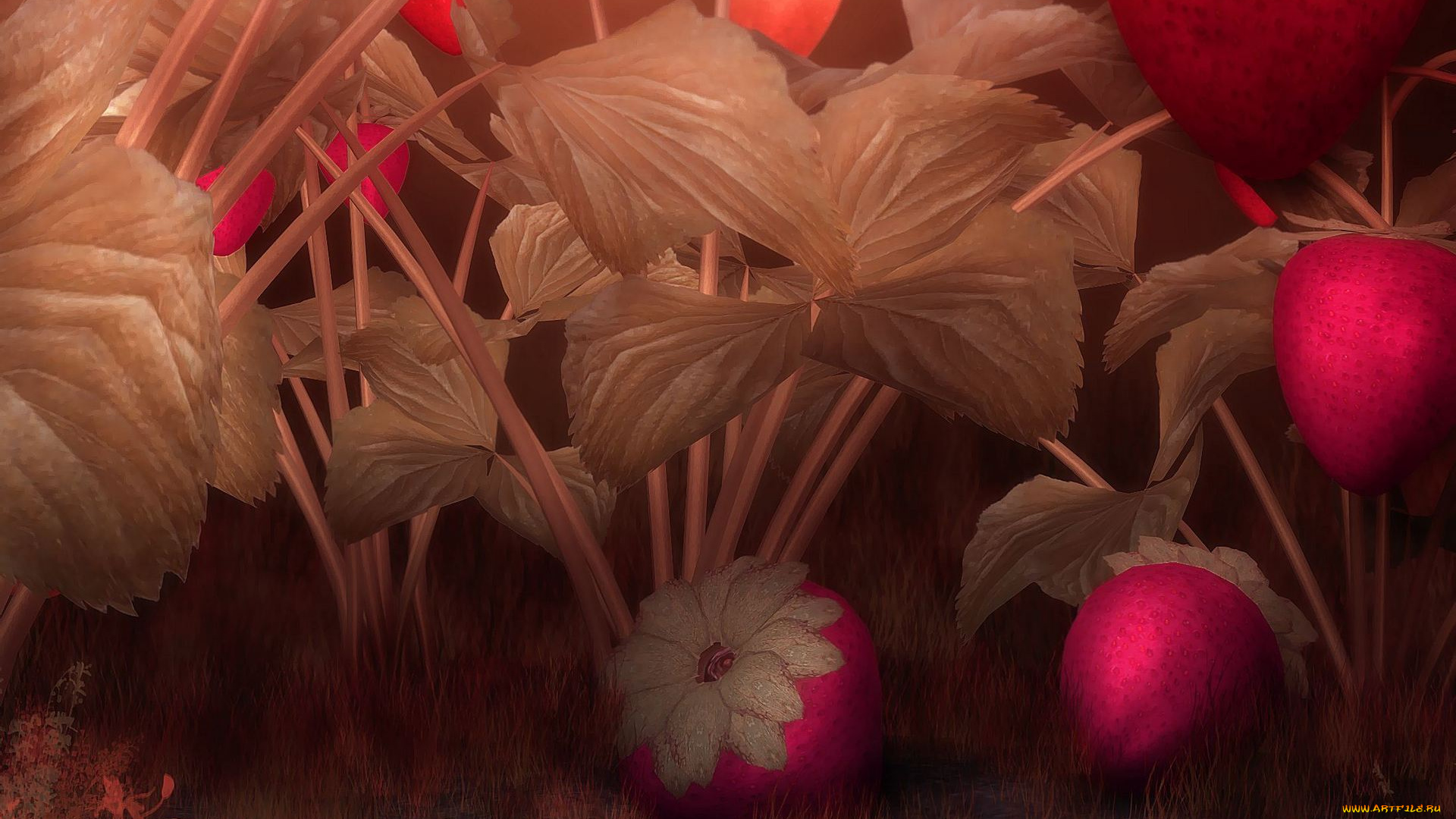 рисованные, природа, заросли, кусты, листья, ягоды, клубника, bushes, shrubs, leaves, strawberry, berry