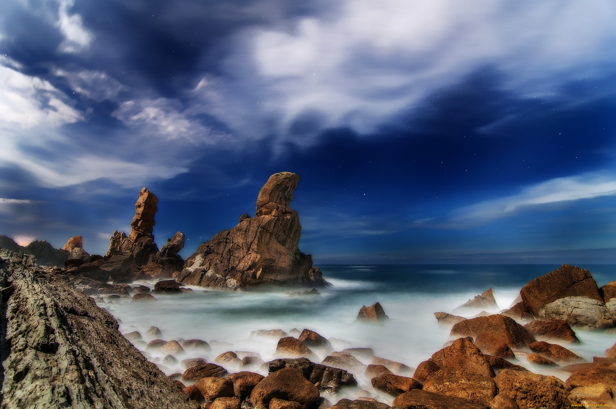 природа, побережье, скалы, океан, облака, туман