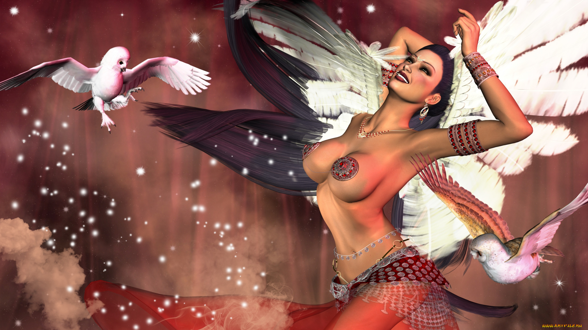 3д, графика, ангел, , angel, девушка, взгляд, фон, совы, крылья