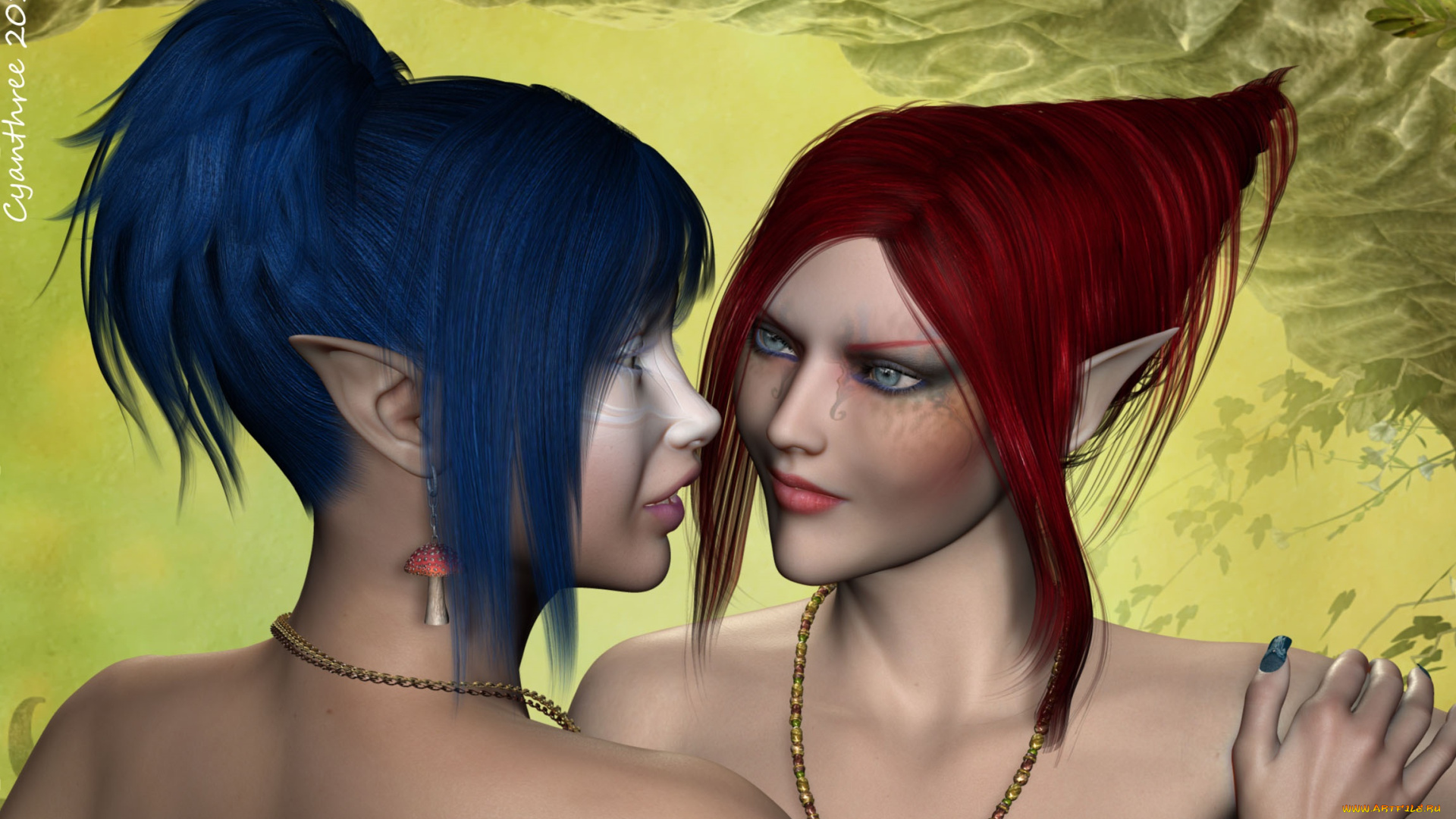 3д, графика, эльфы, , elves, эльфийки, взгляд, фон