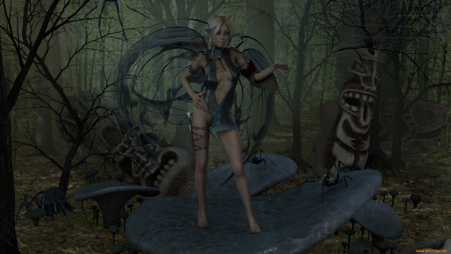 3д, графика, фантазия, , fantasy, девушка, взгляд, фон, идолы, паук