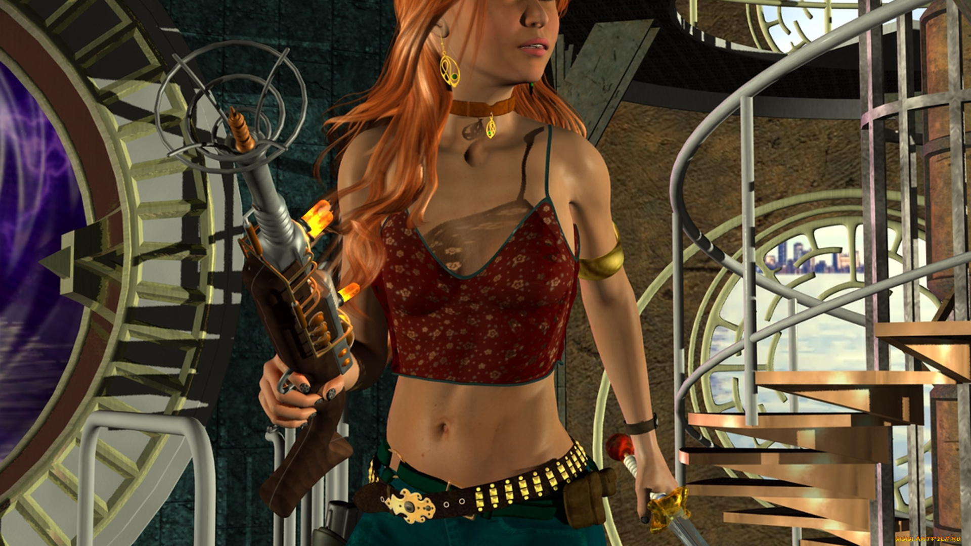 3д, графика, фантазия, , fantasy, девушка, взгляд, фон, оружие