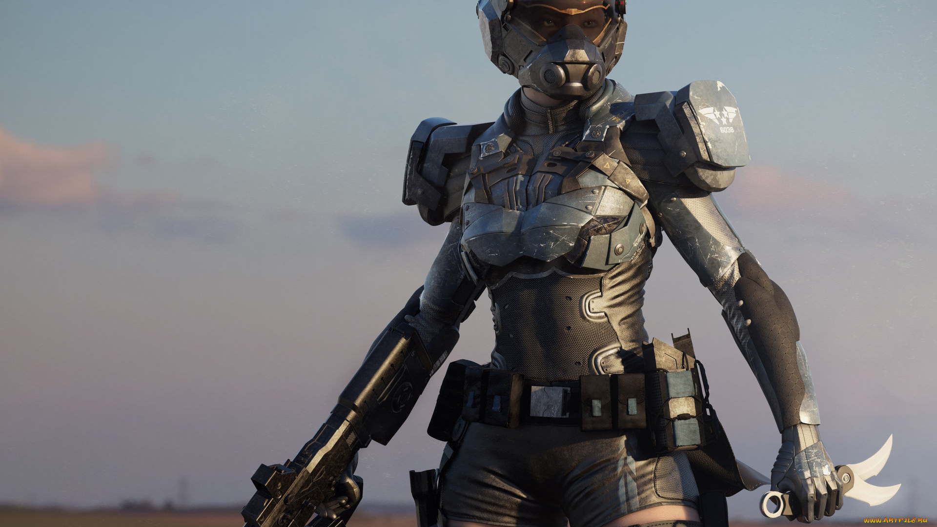 3д, графика, фантазия, , fantasy, ножи, оружие, броня, шлем, девушка