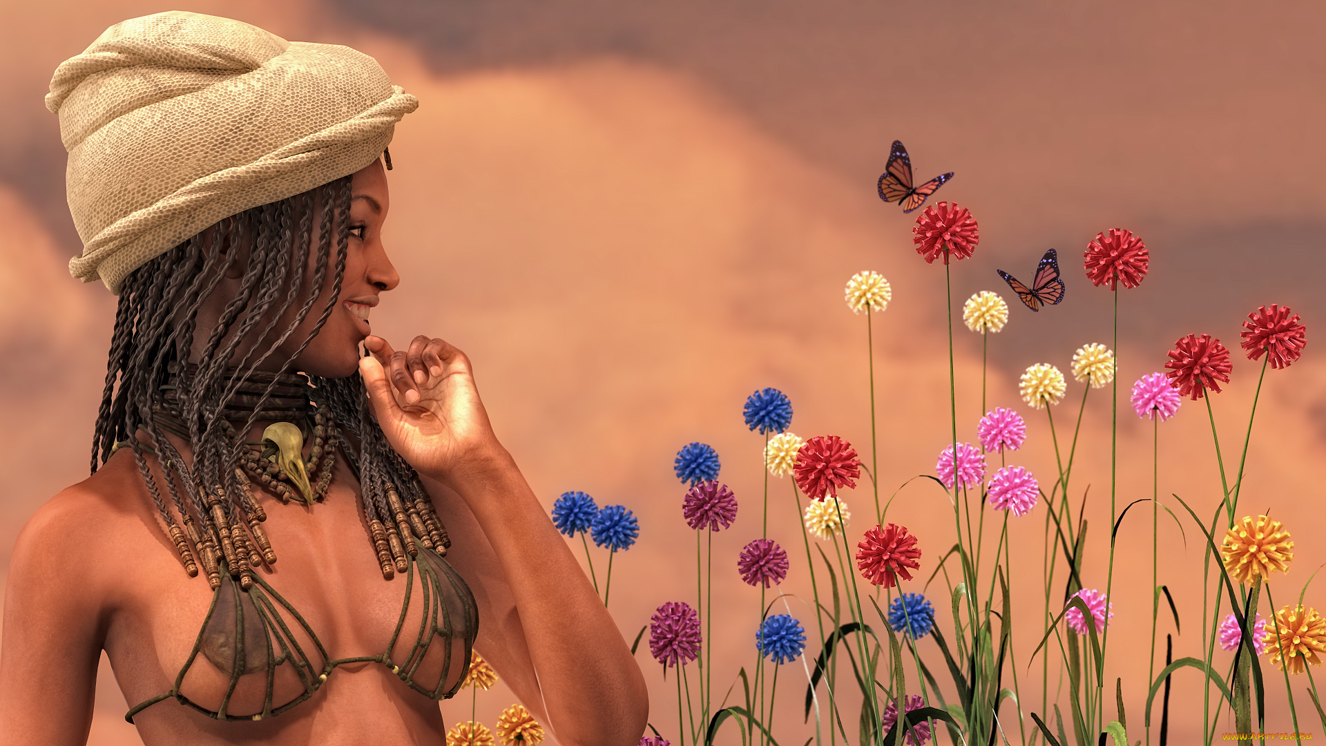 3д, графика, люди, , people, девушка, цветы, фон, взгляд