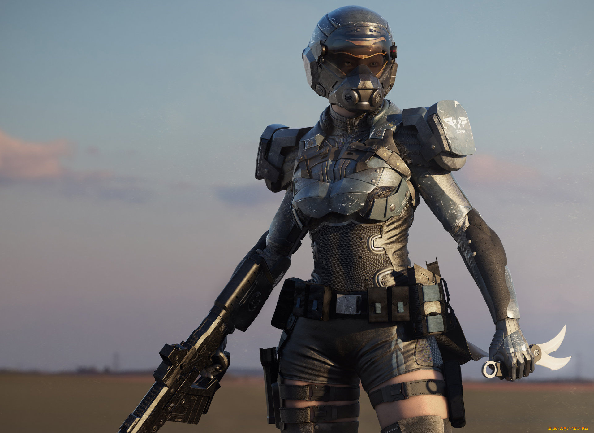 3д, графика, фантазия, , fantasy, ножи, оружие, броня, шлем, девушка