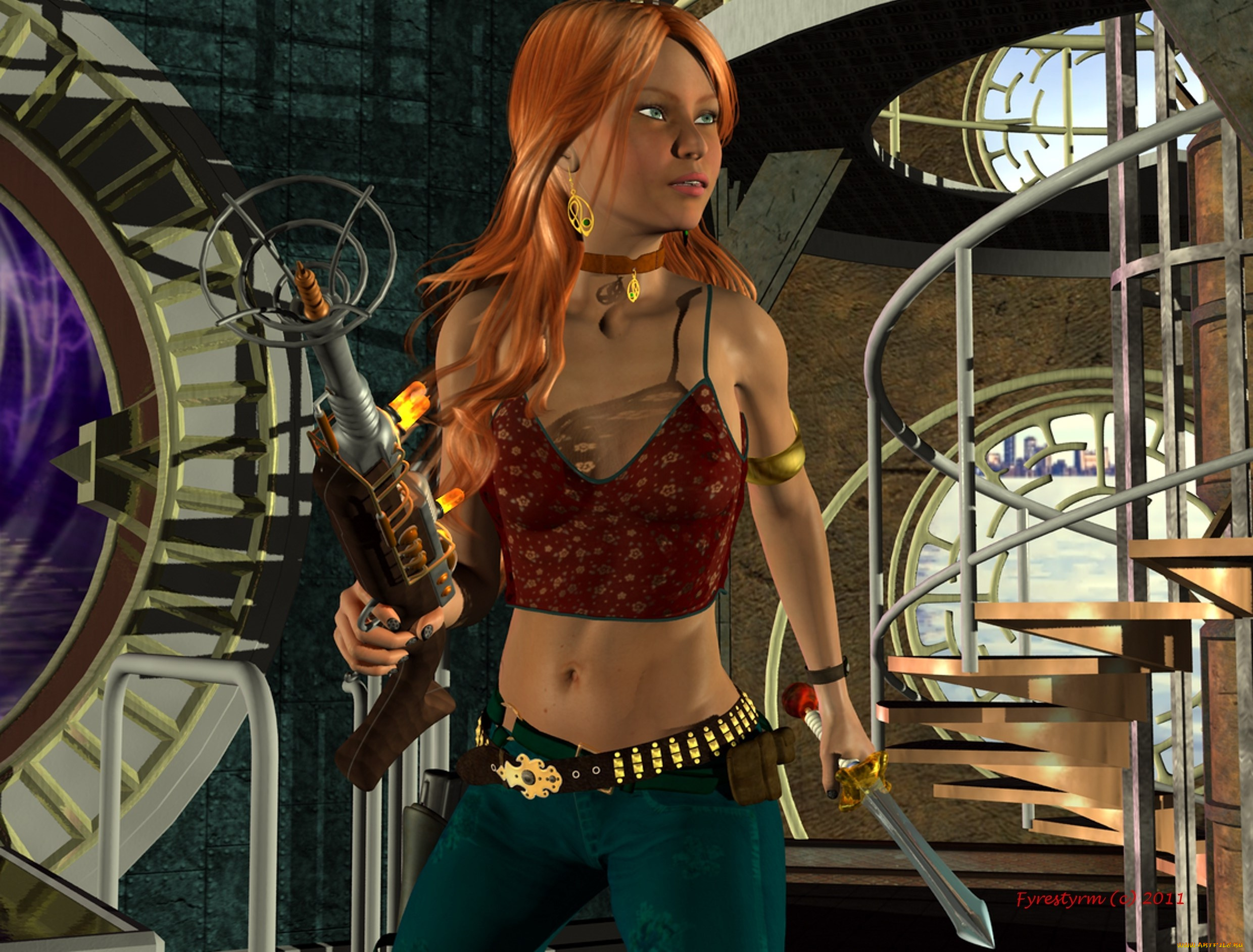 3д, графика, фантазия, , fantasy, девушка, взгляд, фон, оружие