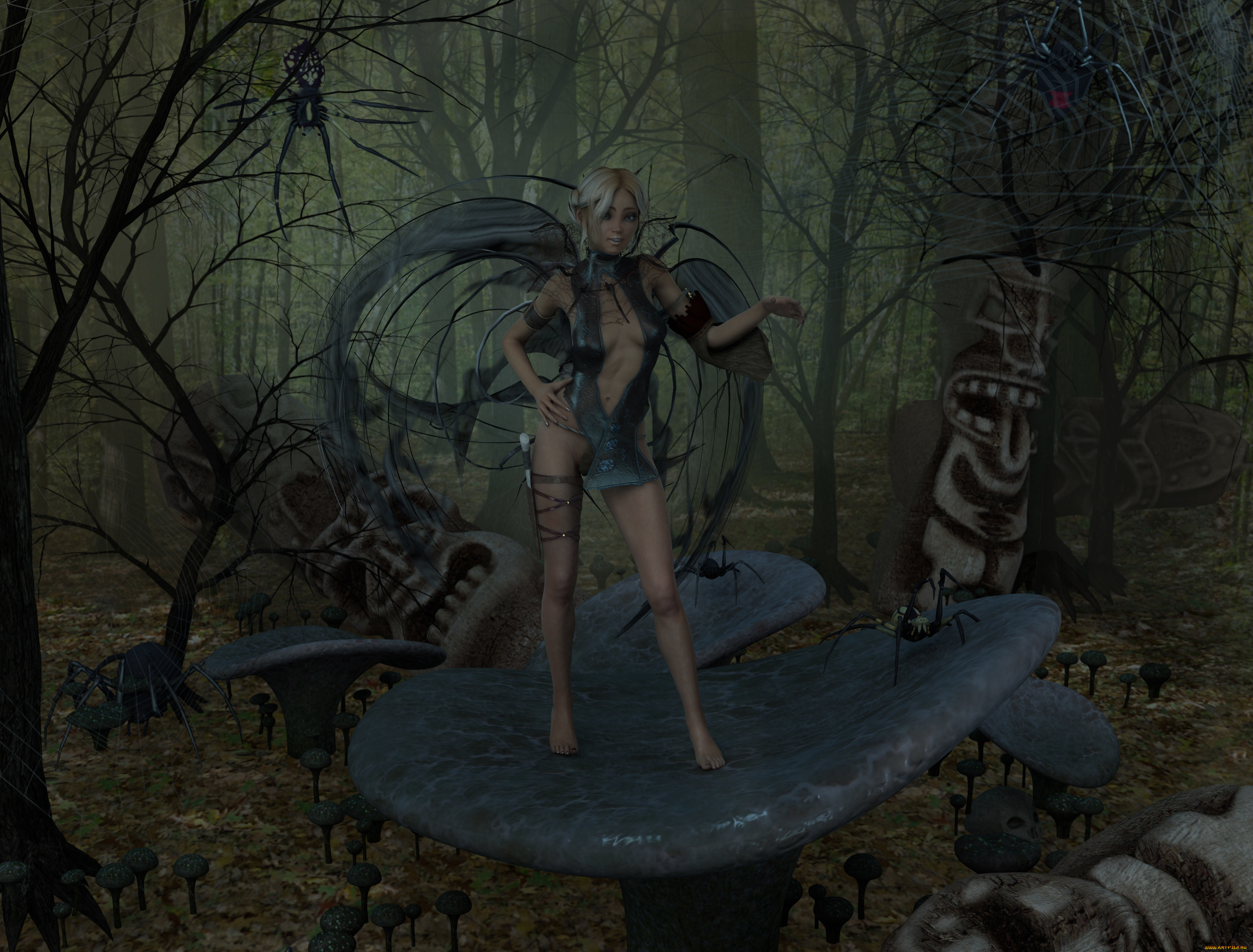 3д, графика, фантазия, , fantasy, девушка, взгляд, фон, идолы, паук