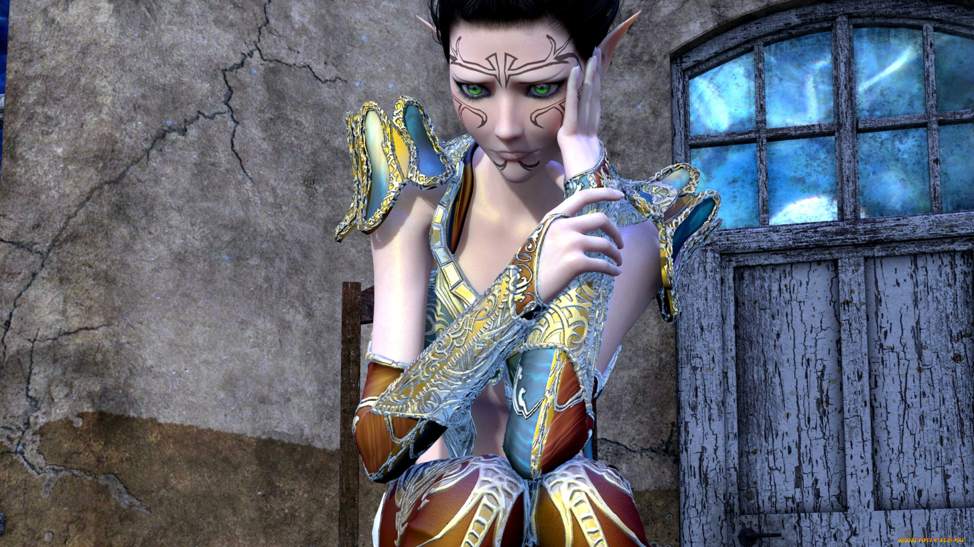 3д, графика, эльфы, , elves, фон, взгляд, эльфийка