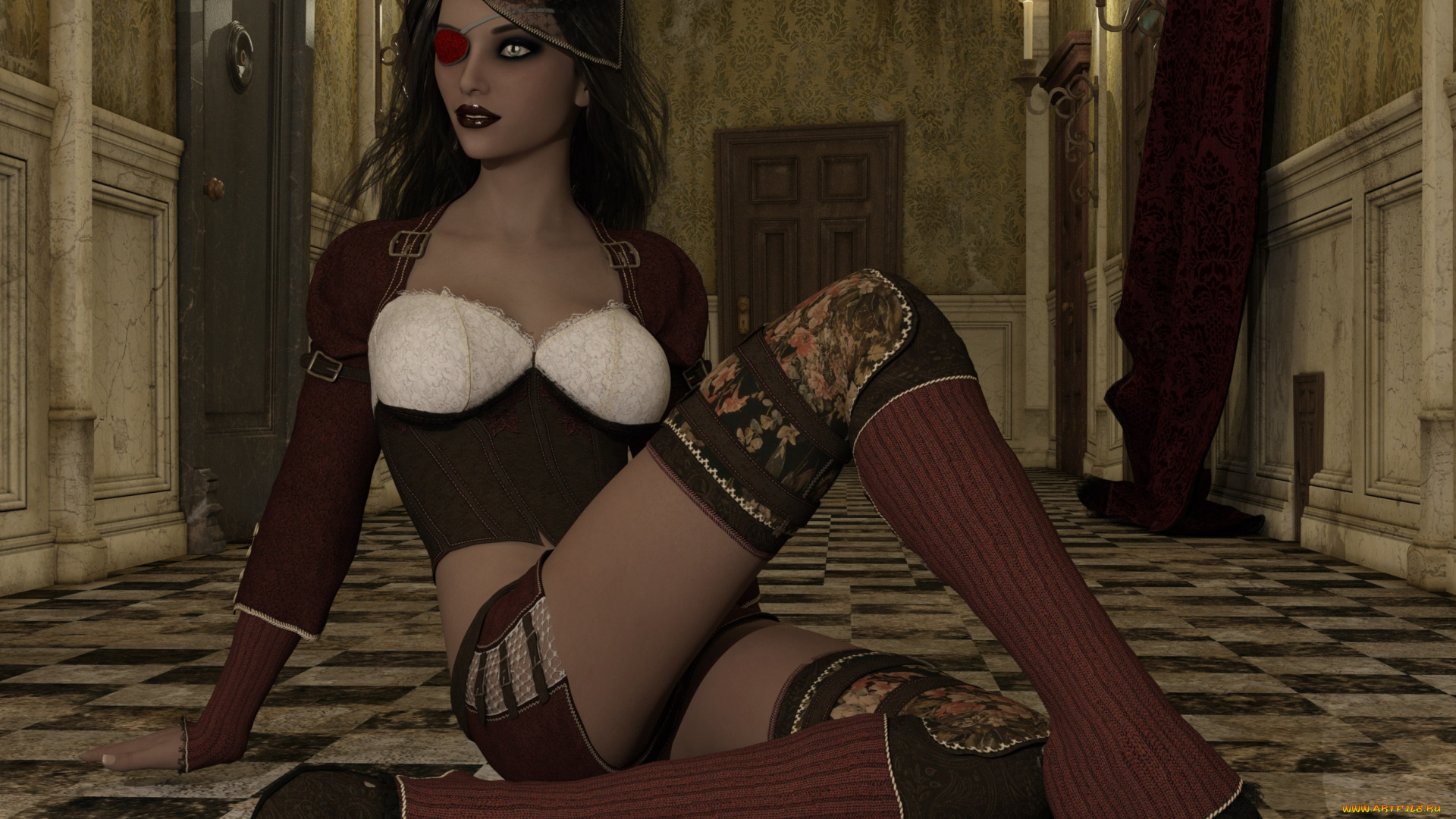 3д, графика, фантазия, , fantasy, девушка, интерьер, фон, взгляд