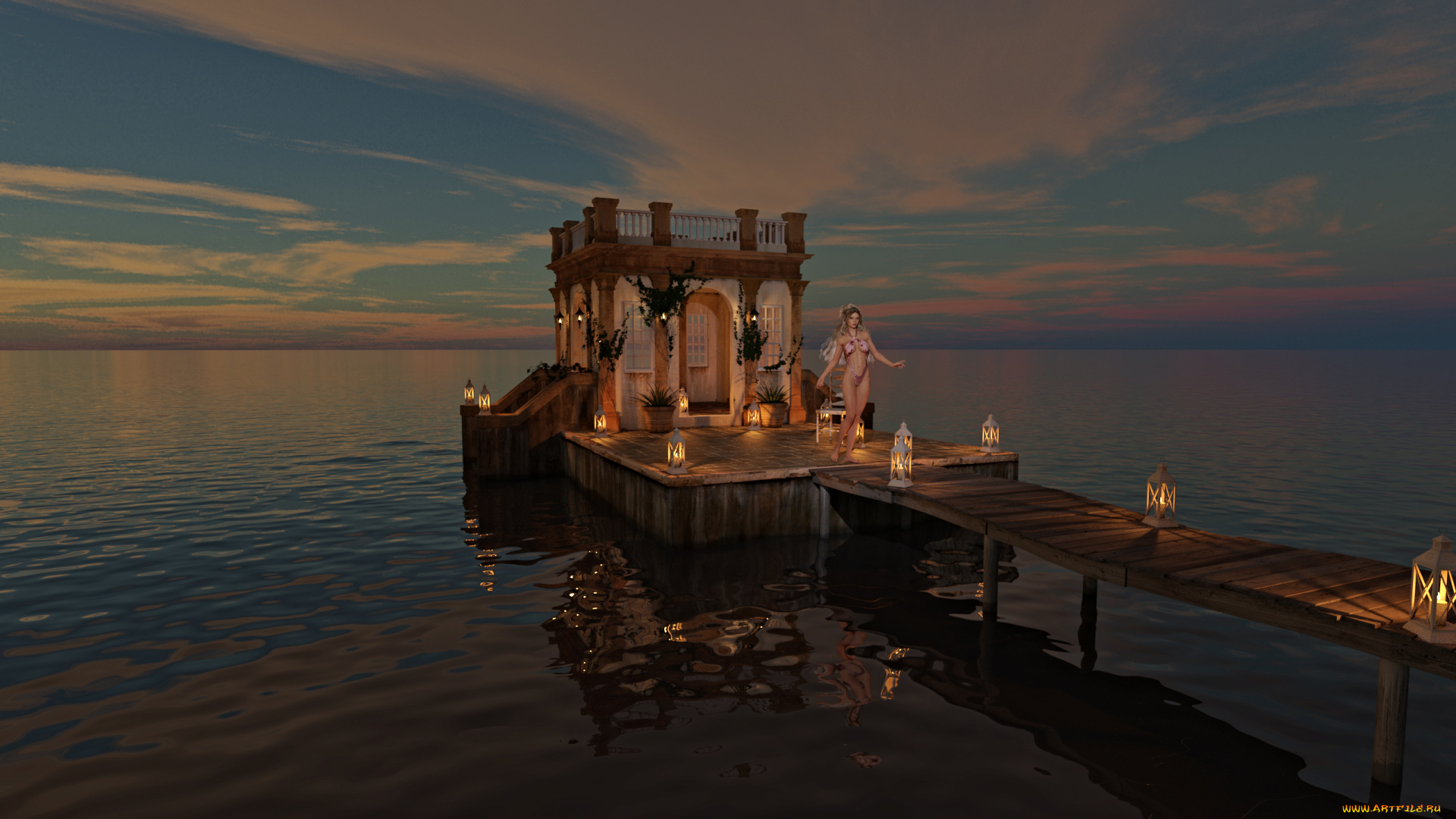 3д, графика, люди, , people, вечер, взгляд, девушка, пирс, море, фон