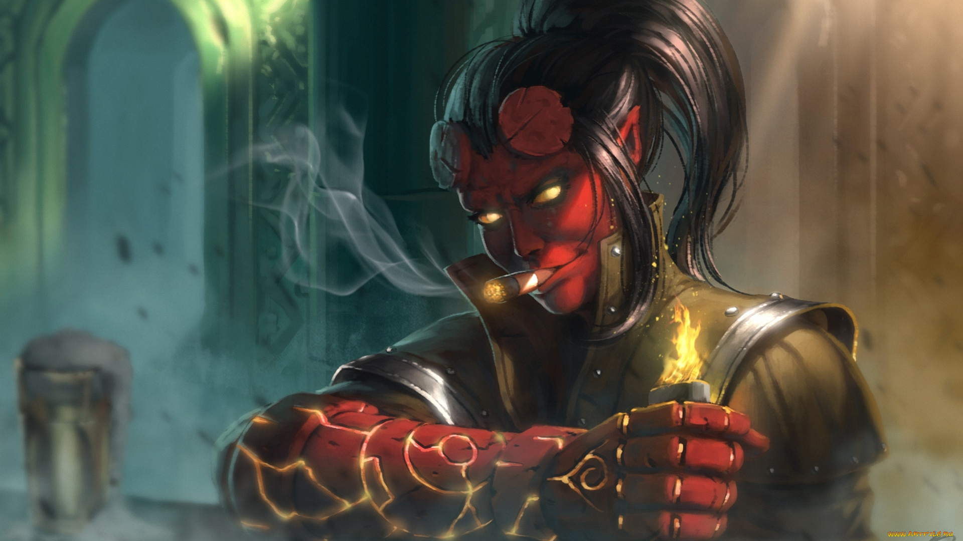 фэнтези, демоны, дьявол, девушка, огонь, кулак, зажигалка, демон, fan, art, hellboy, hellgirl, сигара